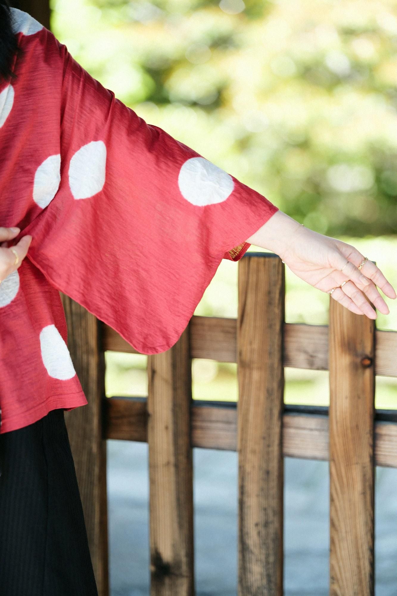 Tabata Tie-dye Linen Kimono Sleeve Cardigan / Large Polka Dots Scarlet × White