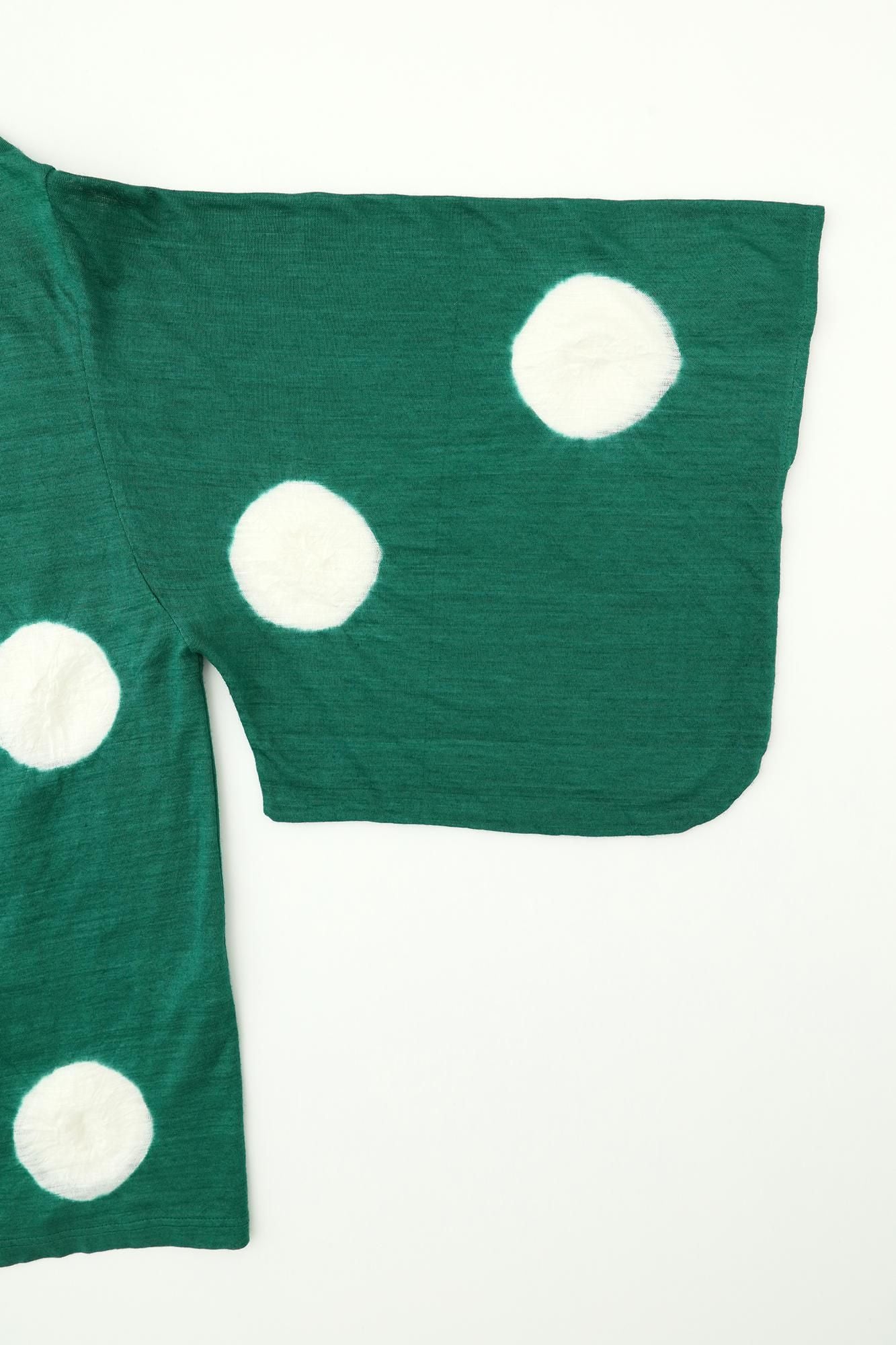 田端紮染麻 小袖莢外套/大圓點常磐綠×白色