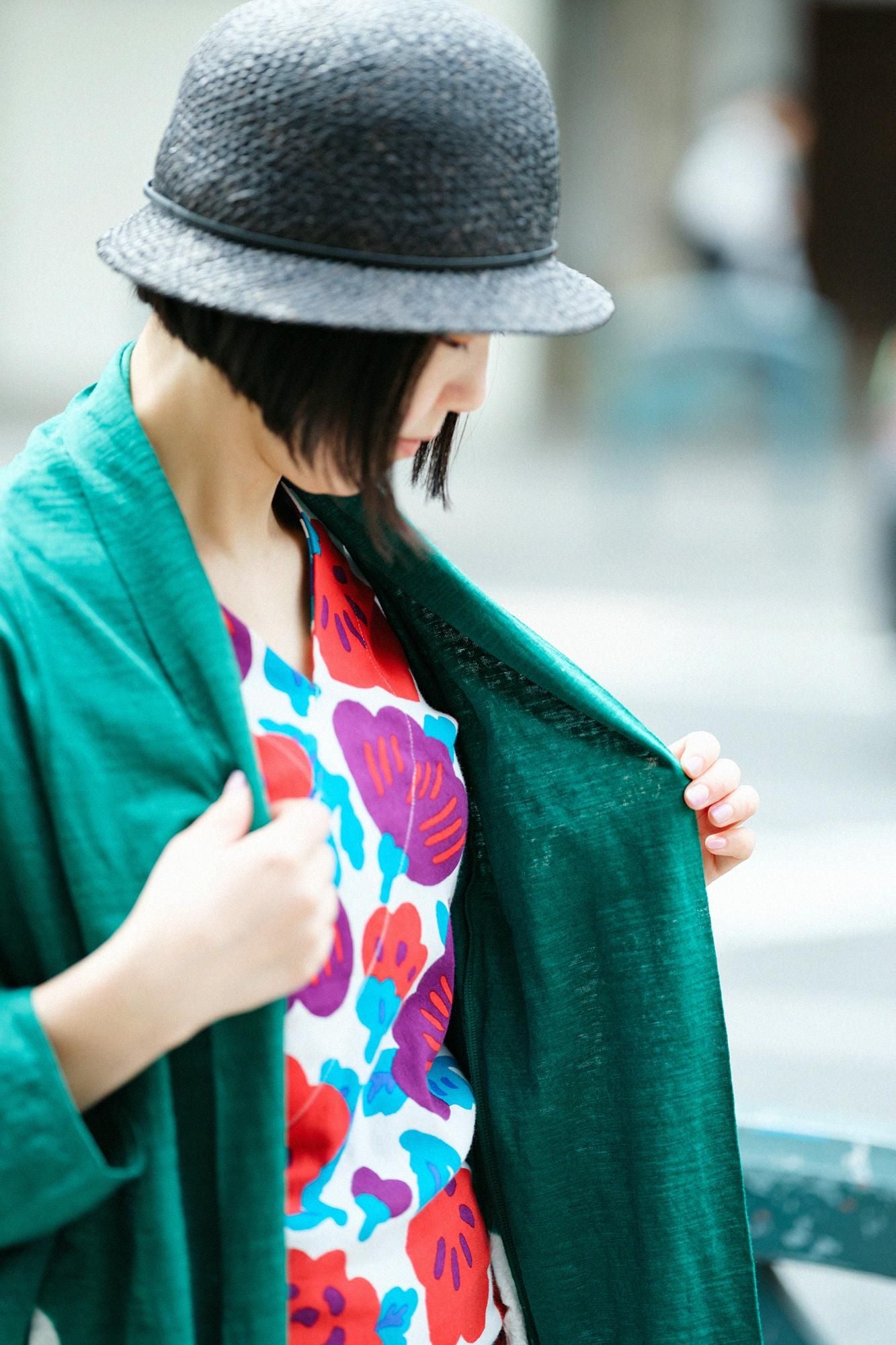 田端紮染麻 小袖莢外套/大圓點常磐綠×白色