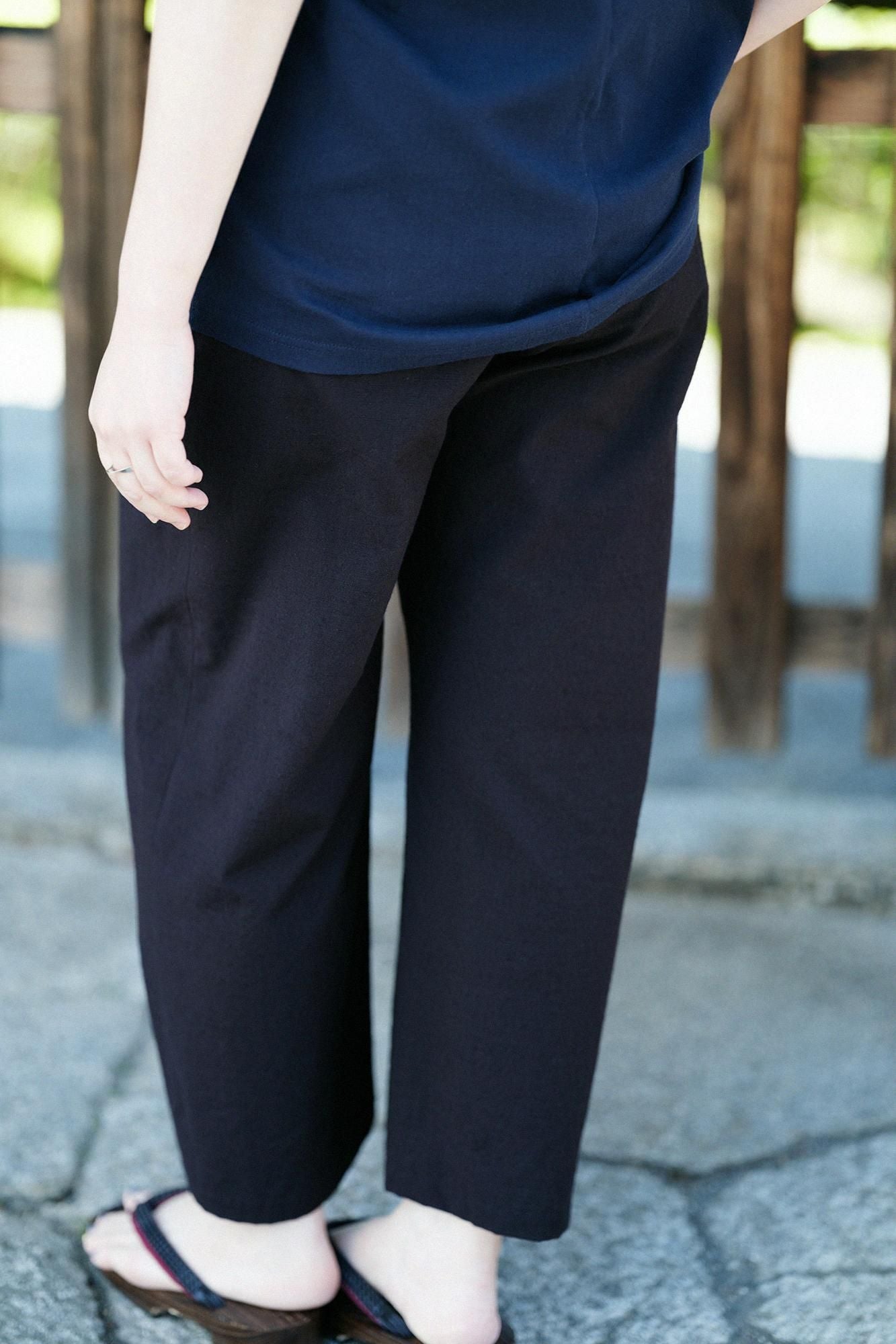 Kurume Kasuri Obi Style Pant / Layered-flowers Ink Blue × Black