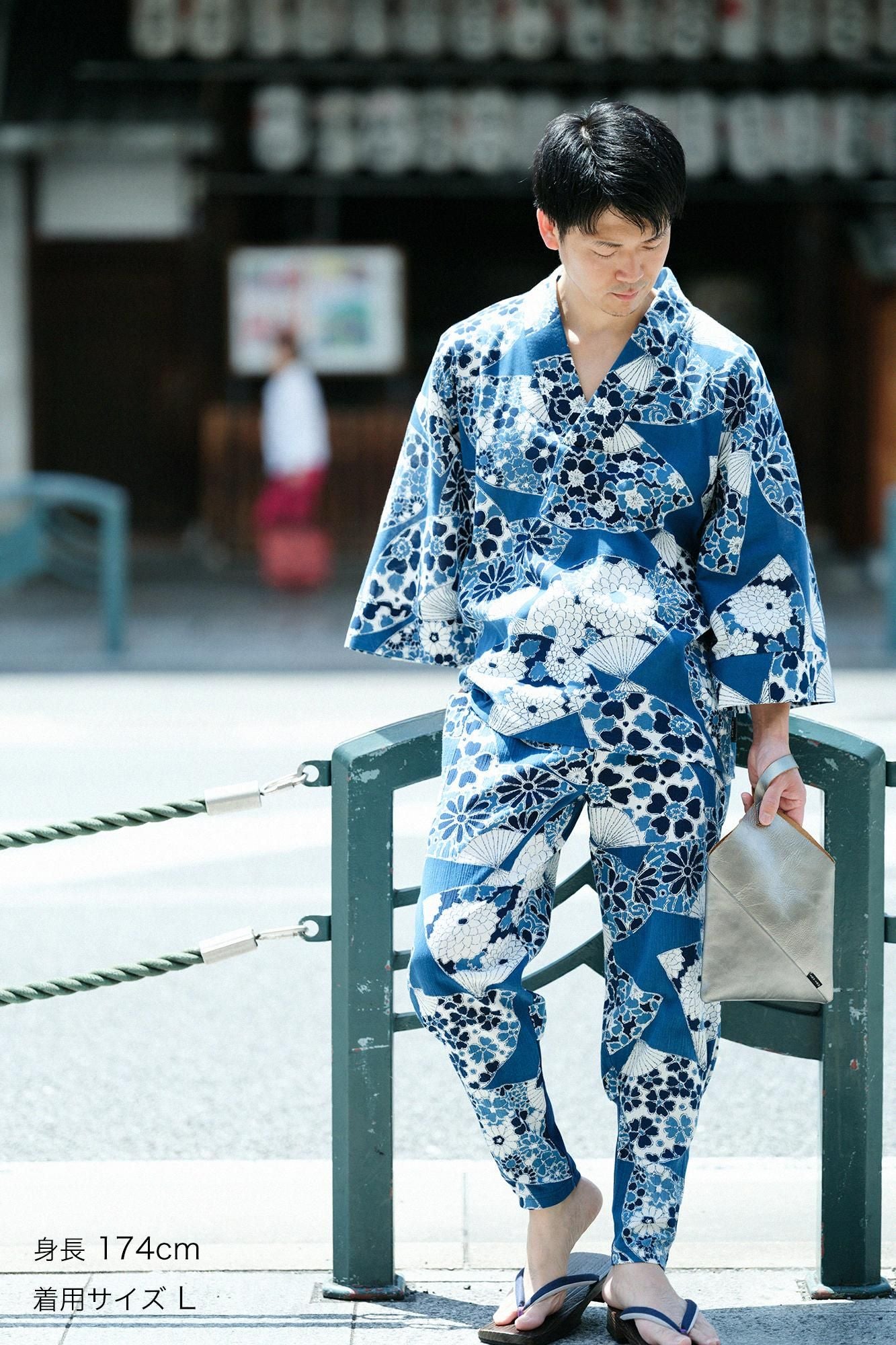 高島縮棉 20/20 藍捺染 哈倫褲／扇子