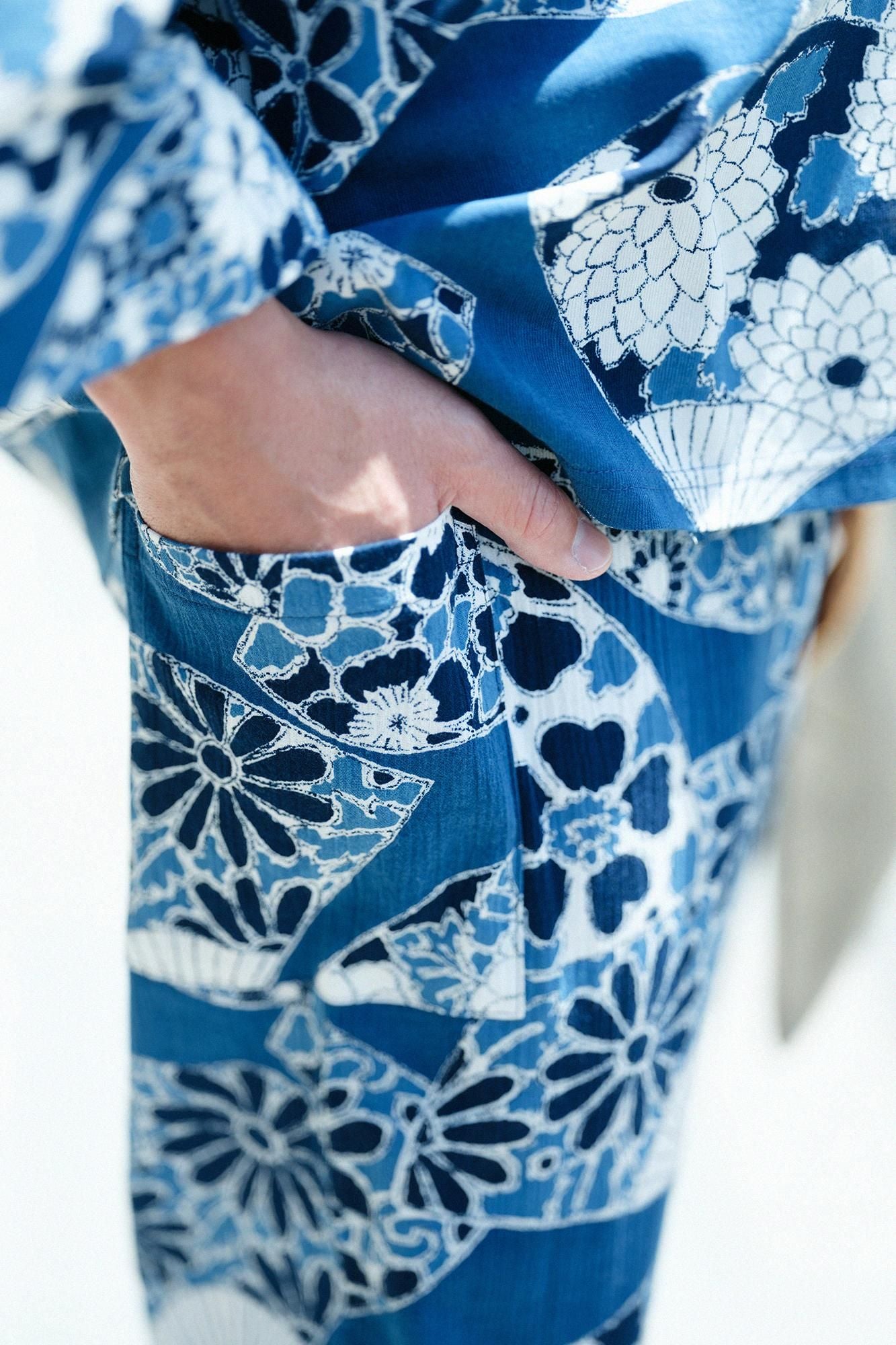 高島縮棉 20/20 藍捺染 哈倫褲／扇子