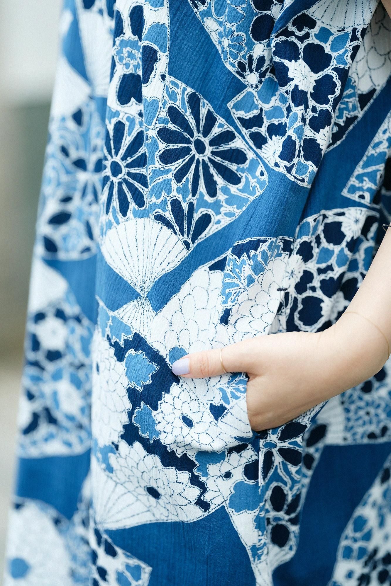 Takashima Shui 20/20 Indigo印刷（Ainasen）矩形服装（ChoHokei）/fan（ougi）