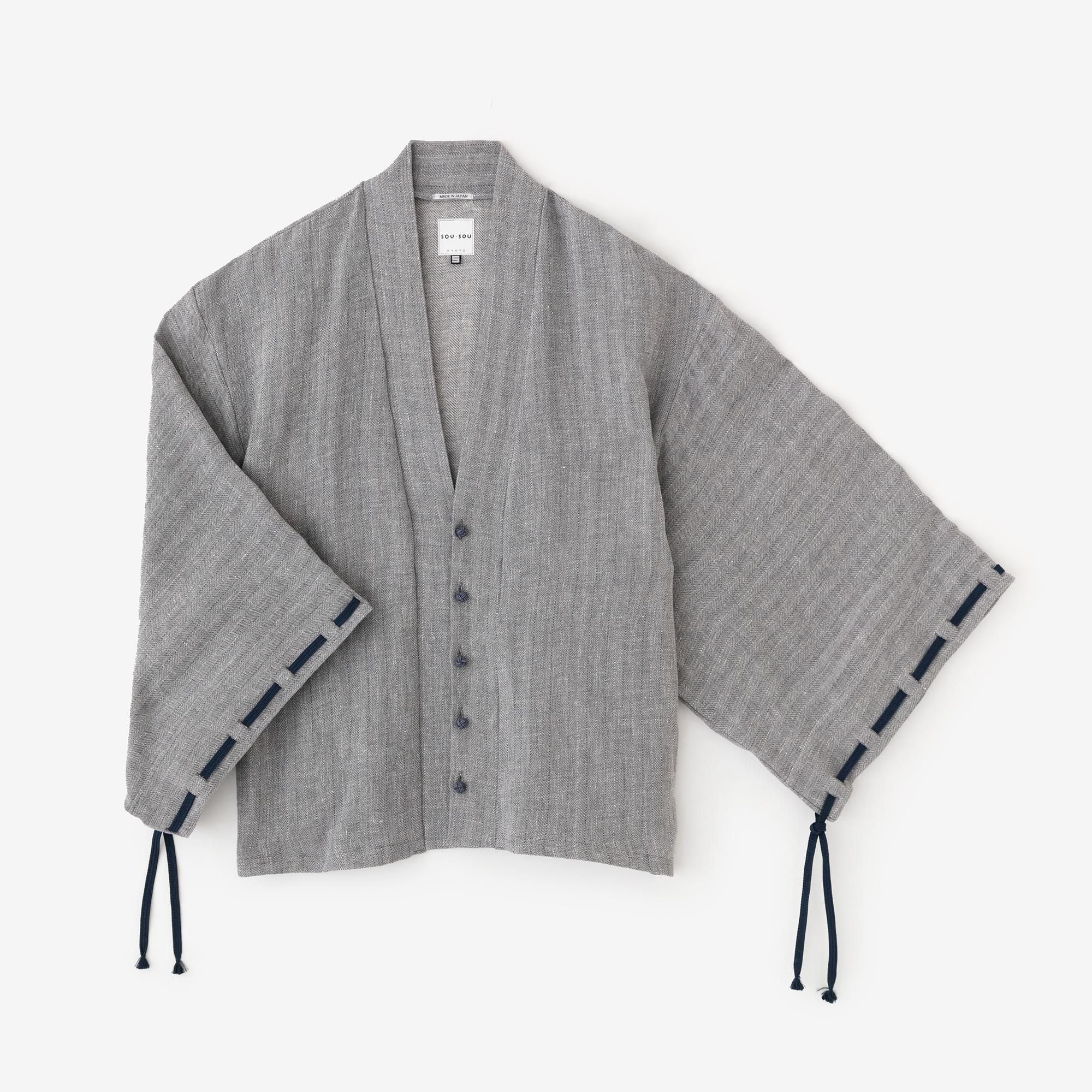 【net LImited】Cotton-linen Blend Herringbone Weave Rectangular Sleeve Earl Cardigan / Greyish Blue