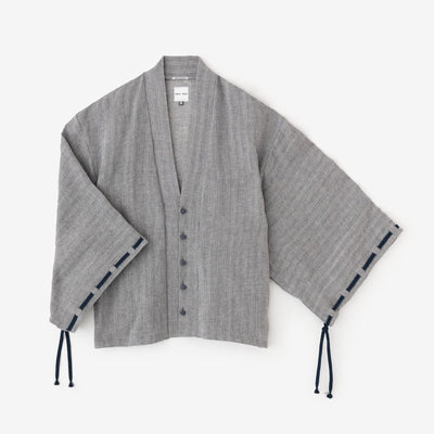 【net LImited】Cotton-linen Blend Herringbone Weave Rectangular Sleeve Earl Cardigan / Greyish Blue