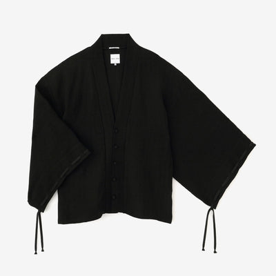 【net limited】Cotton-linen Blend Herringbone Weave Rectangular Sleeve Earl Cardigan / Black