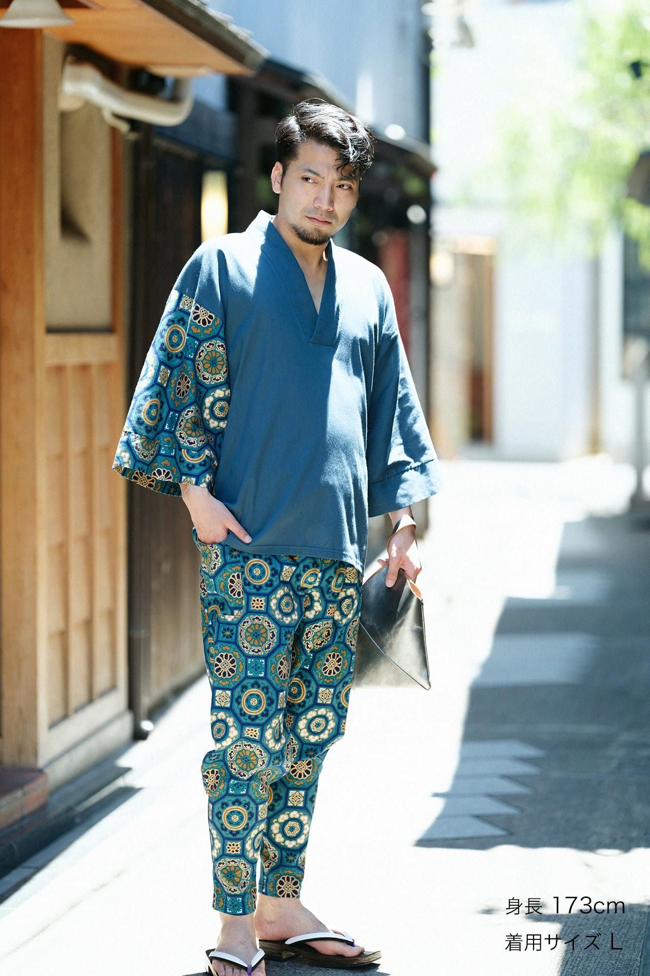 Chizimi Cotton 40/40 Fubi Kimono Shirt Bi-color / Bluish Green × Gorgeous Green Jade Color