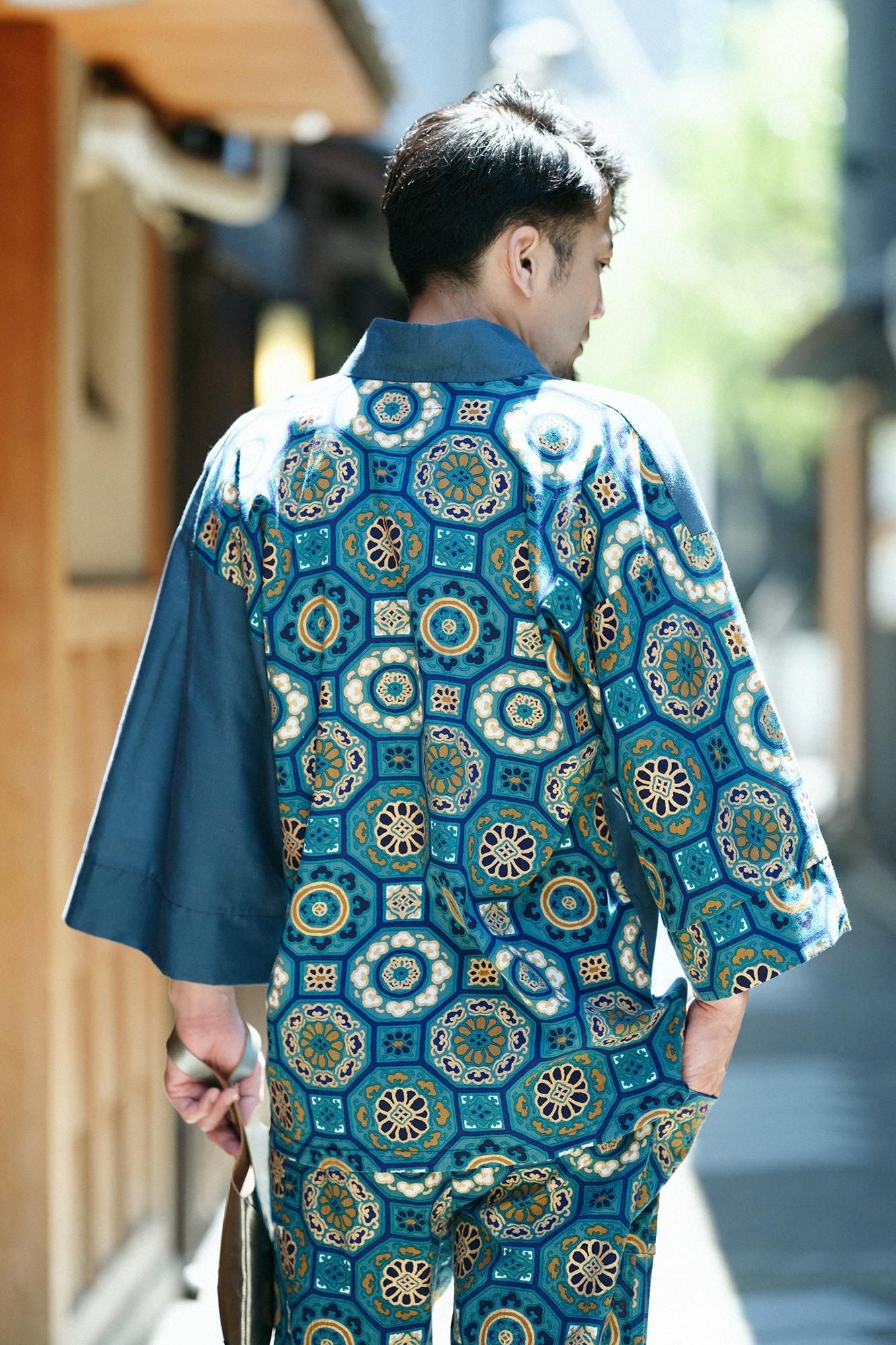 Chizimi Cotton 40/40 Fubi Kimono Shirt Bi-color / Bluish Green × Gorgeous Green Jade Color