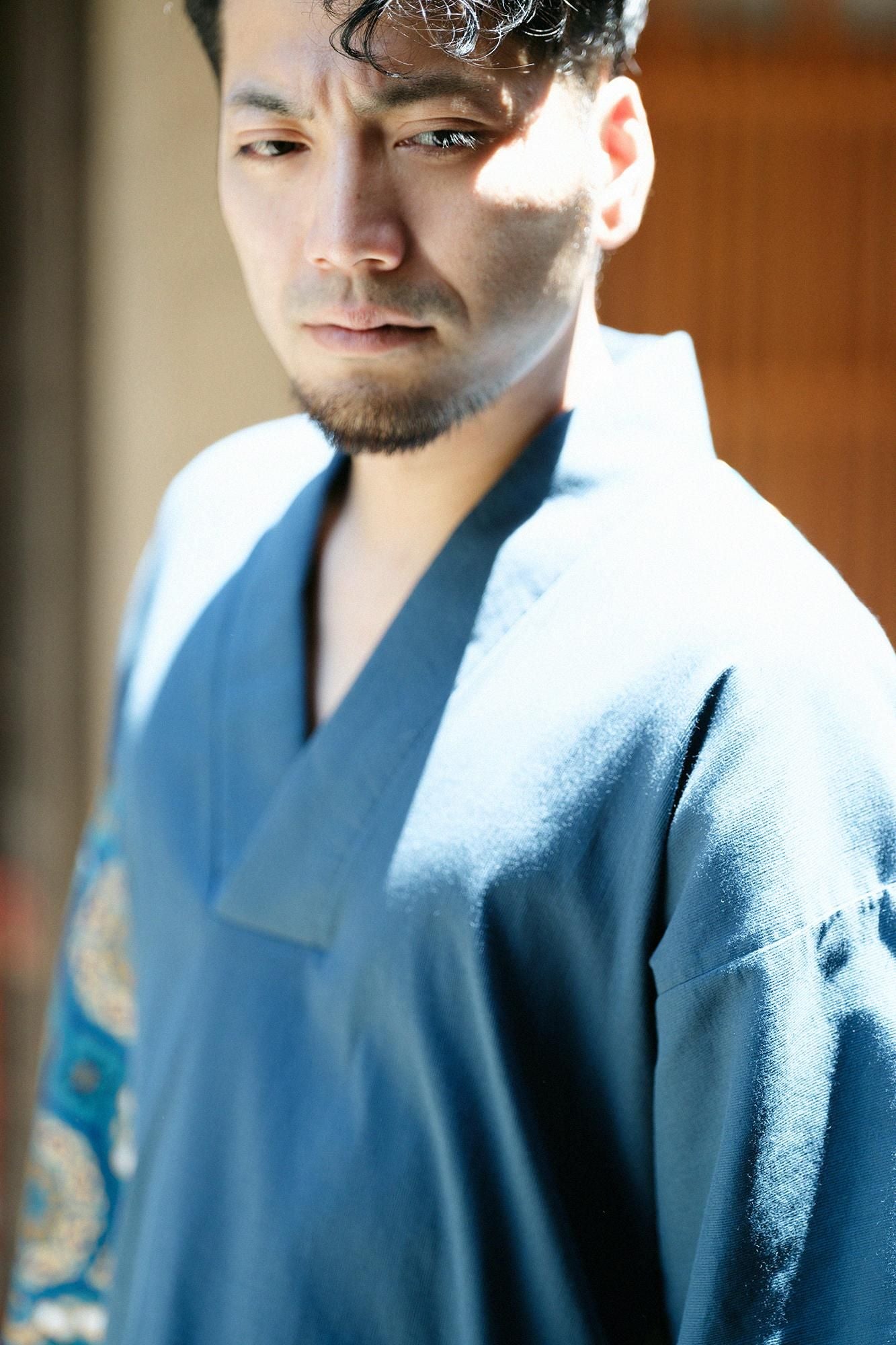 Chizimi Cotton 40/40 Fubi Kimono Shirt Bi-color / Bluish Green × Gorgeous Green Jade Color