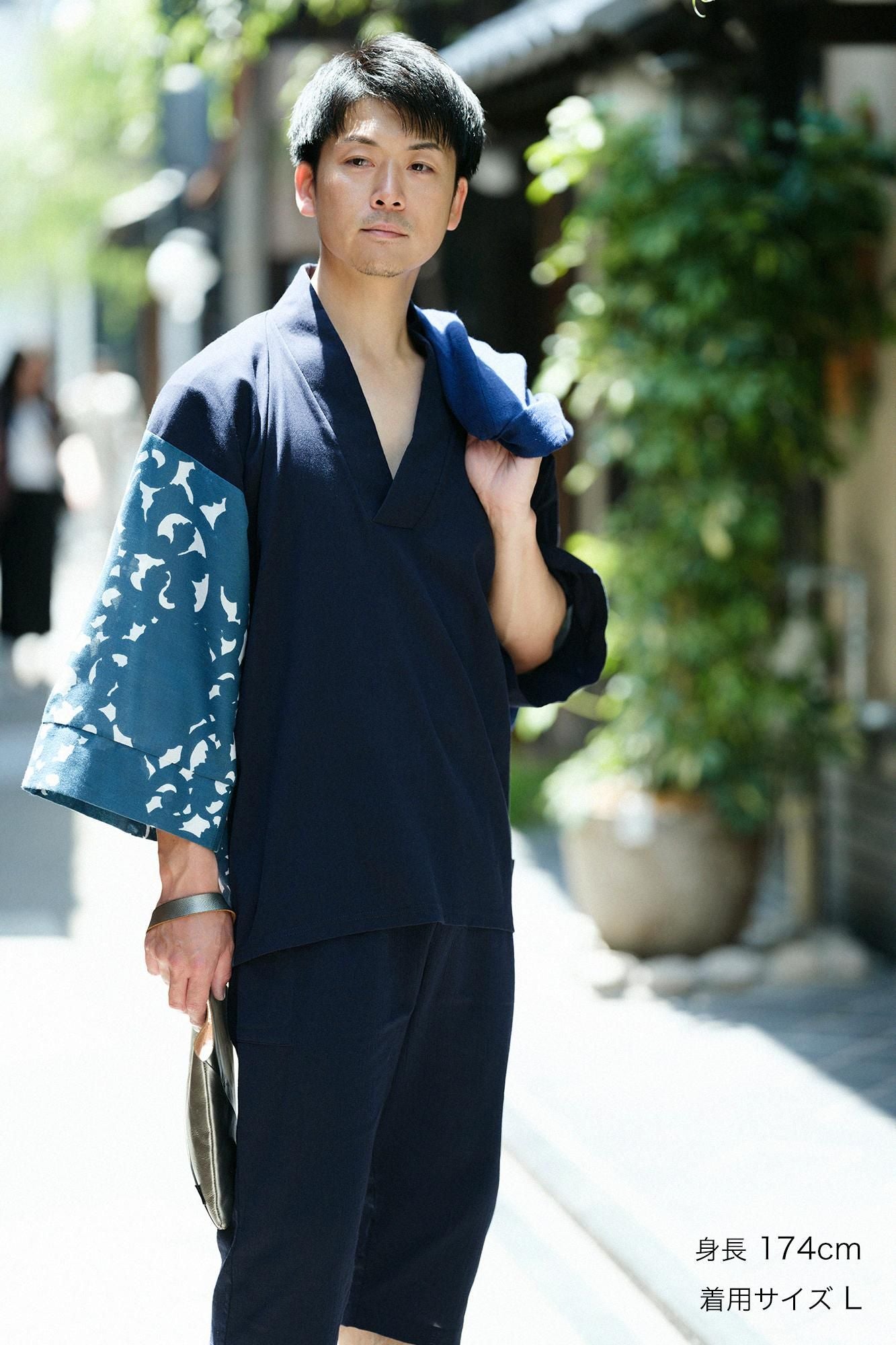 Chizimi Cotton 40/40 Fubi Kimono Shirt Bi-color / Dark Blue × Peony Arabesque