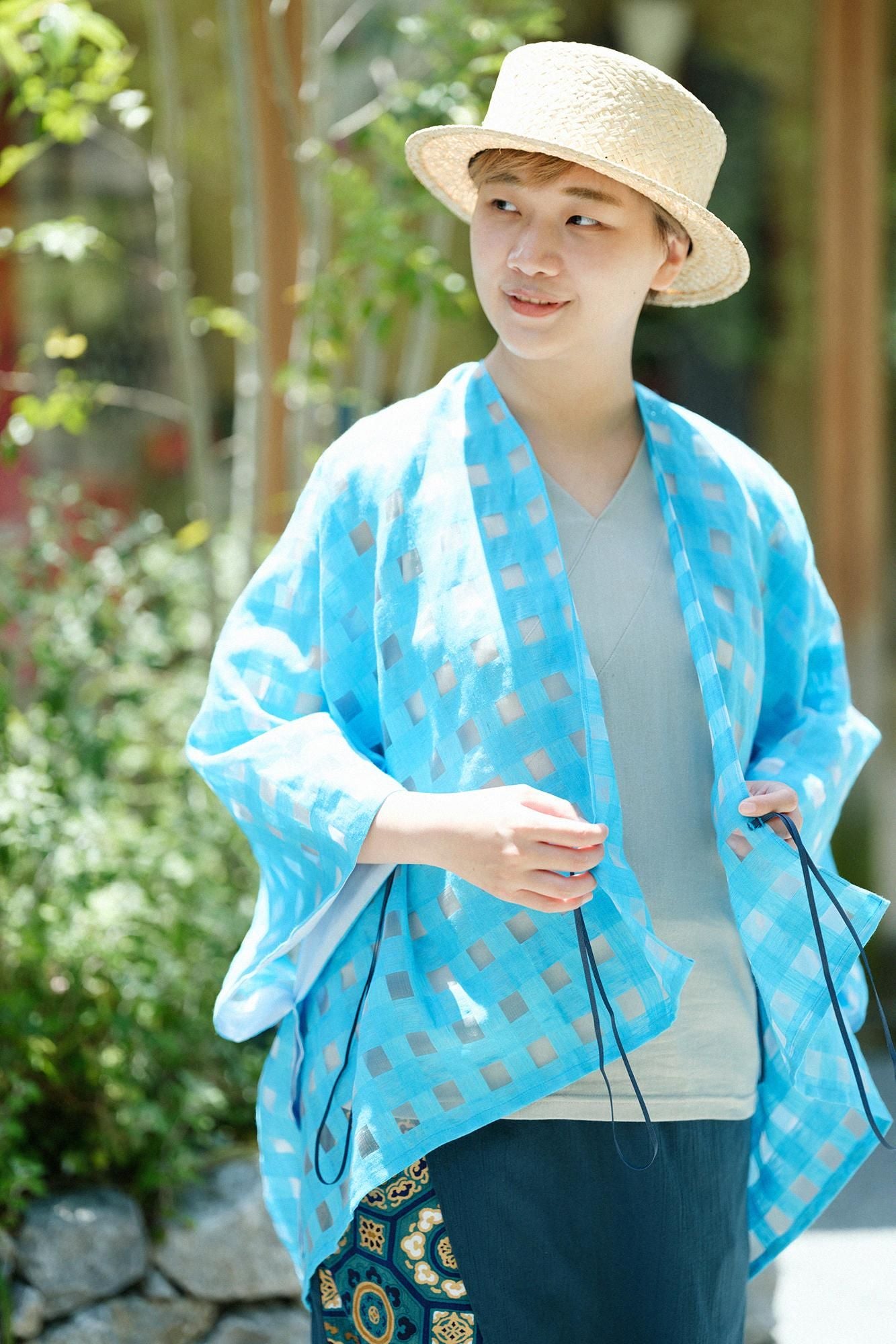 麻 透かし格子織（こうしおり） きさらぎ 短丈（みじかたけ）／新橋色（しんばしいろ）