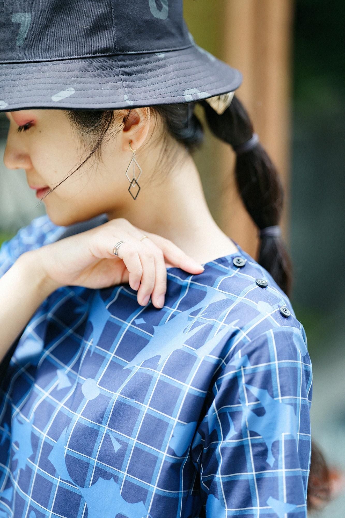 Indigo Broadcloth Check BIKE One-piece Dress / Oraka