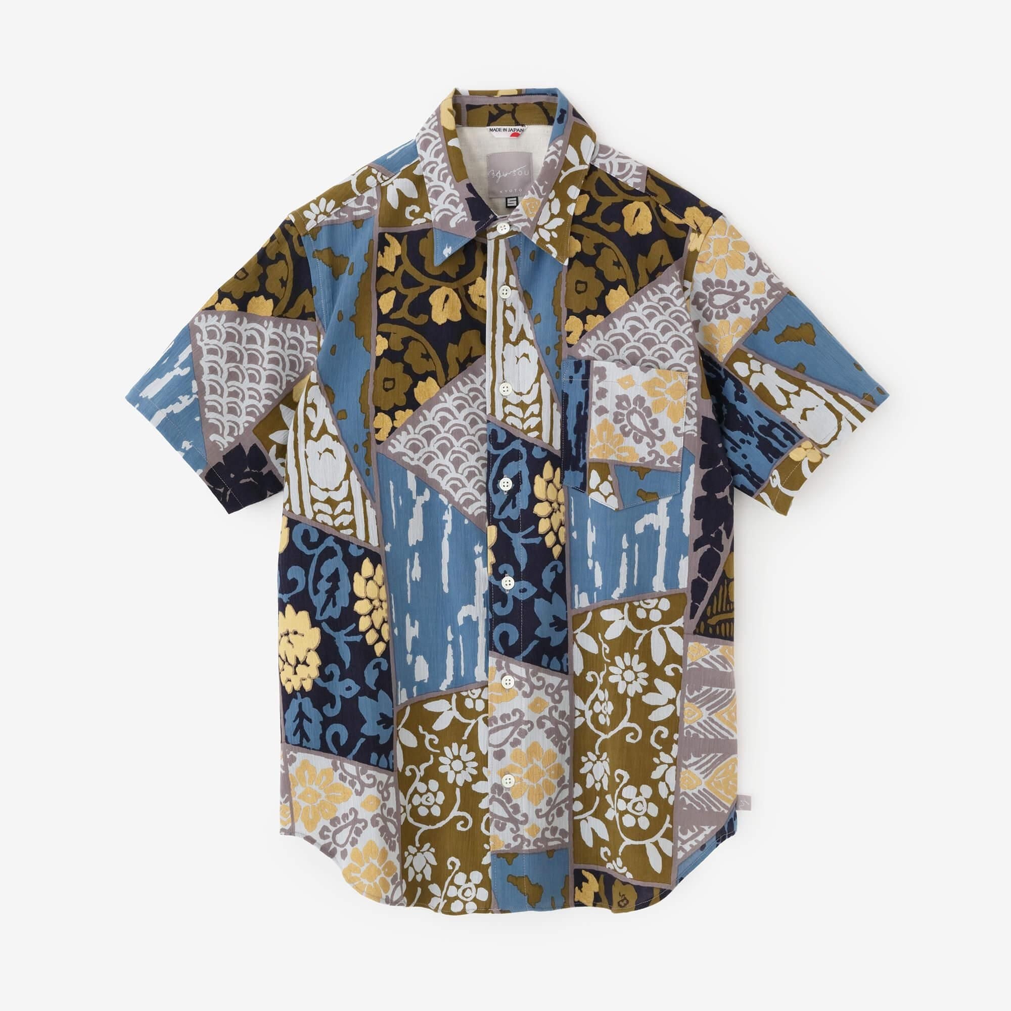 新品未使用　SOU・SOU　男女兼用М　高島縮　半袖シャツ　けんらん net限定40%OFF】高島縮 20/20 半袖シャツ／金銀襴緞子等縫合せ