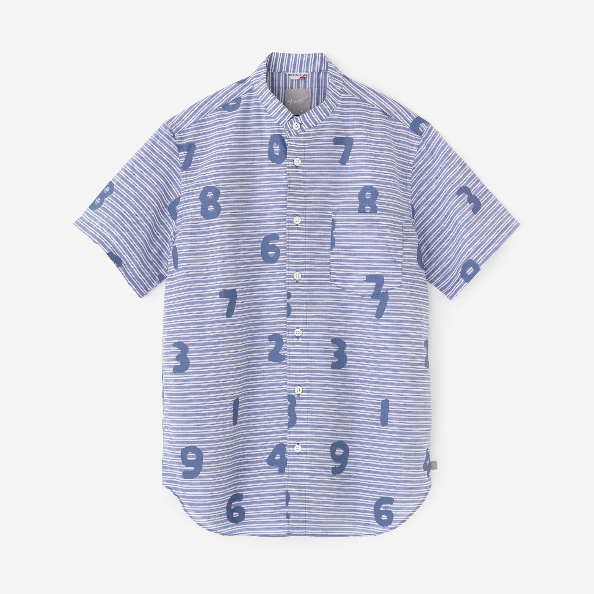 棉麻 薄紗 立領短袖襯衫/ SO-SU-U十數 寶藍色 粗細條紋