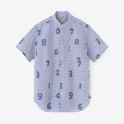 棉麻 薄紗 立領短袖襯衫/ SO-SU-U十數 寶藍色 粗細條紋