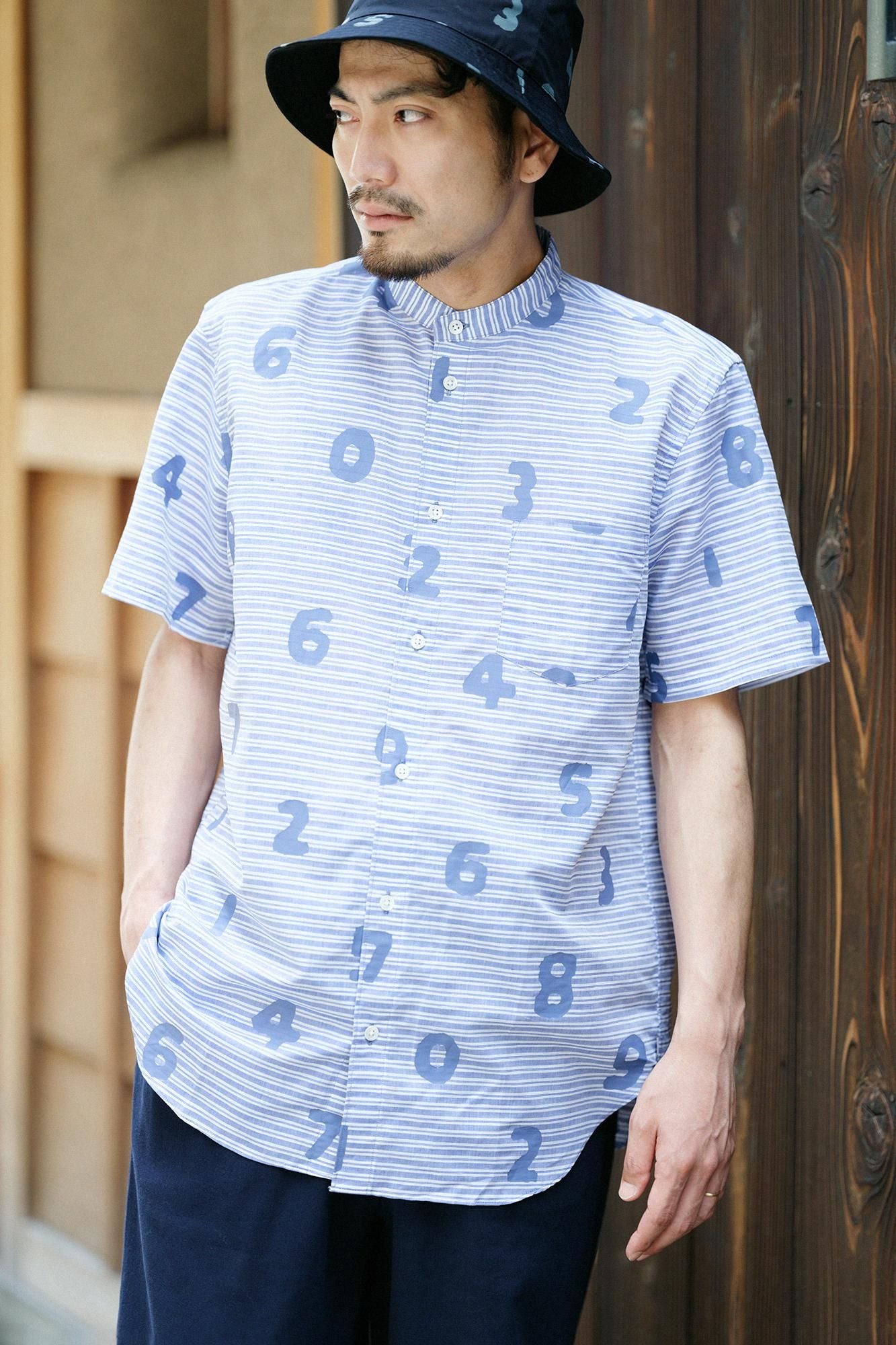 棉麻 薄紗 立領短袖襯衫/ SO-SU-U十數 寶藍色 粗細條紋