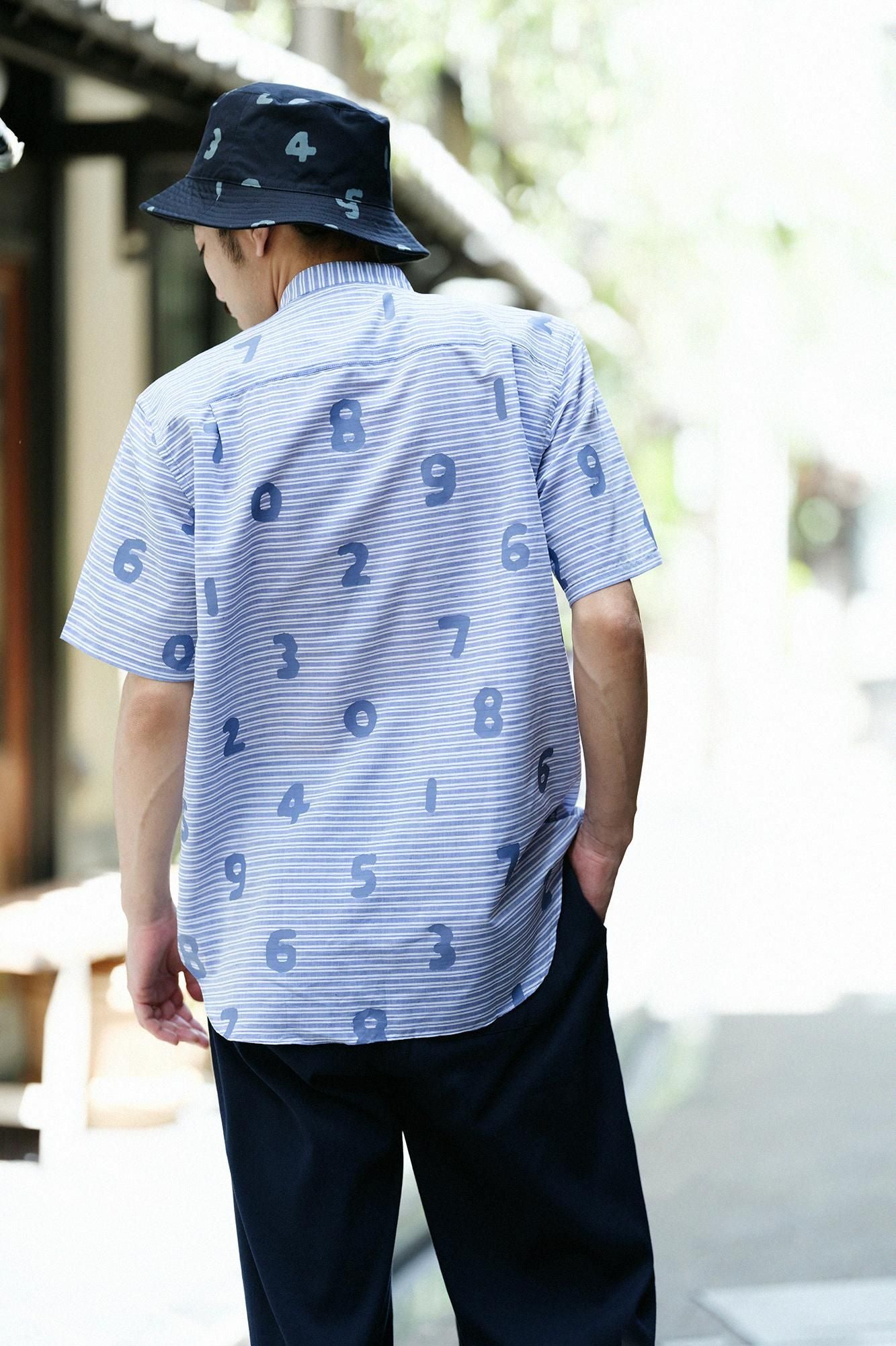 棉麻 薄紗 立領短袖襯衫/ SO-SU-U十數 寶藍色 粗細條紋