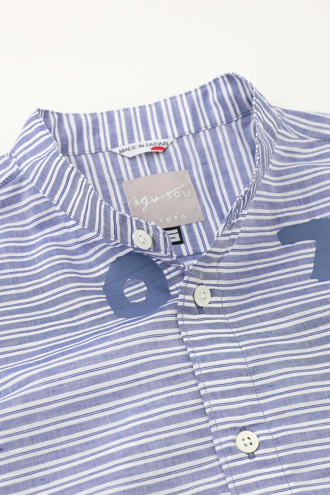 棉麻 薄紗 立領短袖襯衫/ SO-SU-U十數 寶藍色 粗細條紋