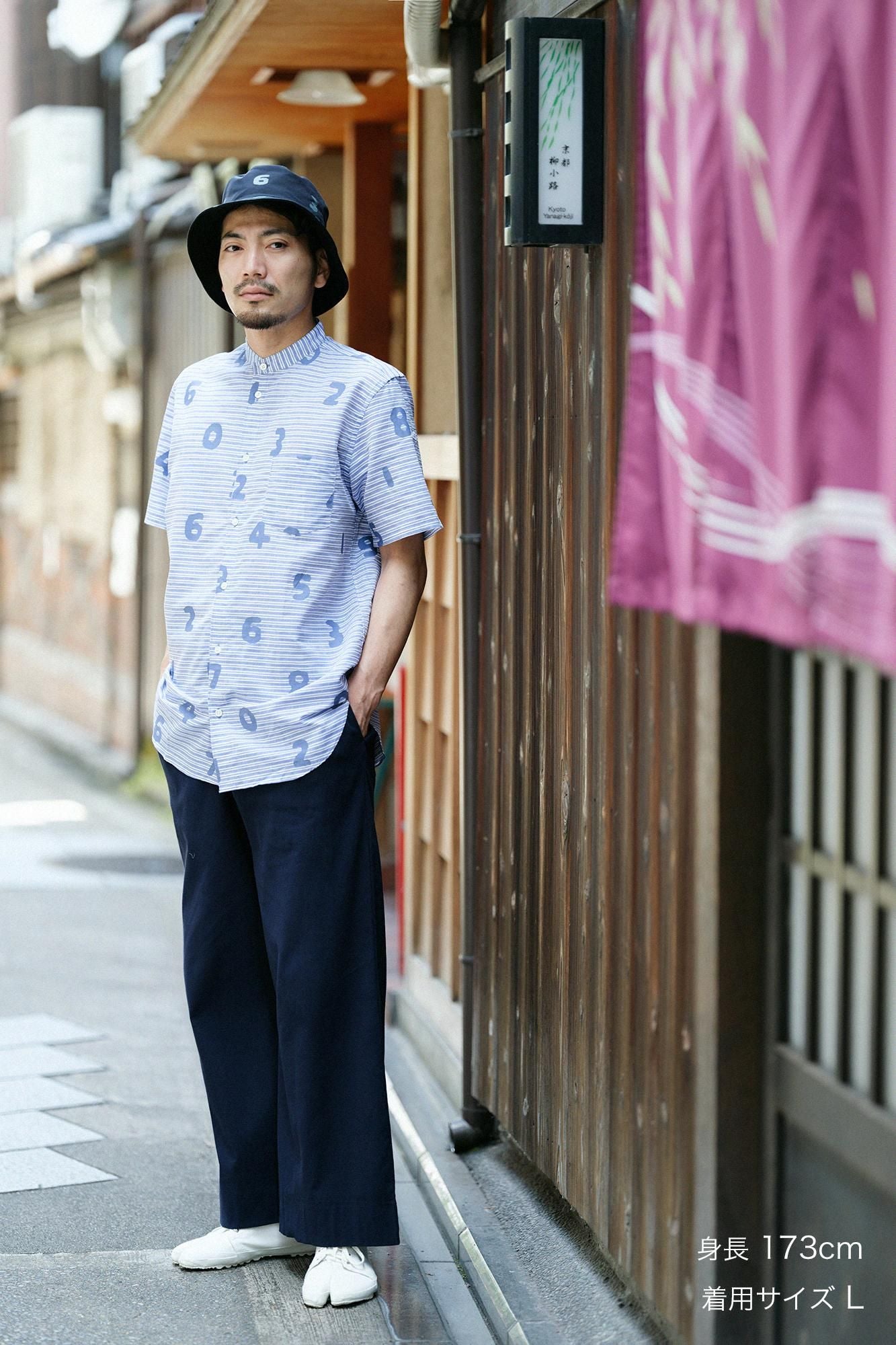 棉麻 薄紗 立領短袖襯衫/ SO-SU-U十數 寶藍色 粗細條紋