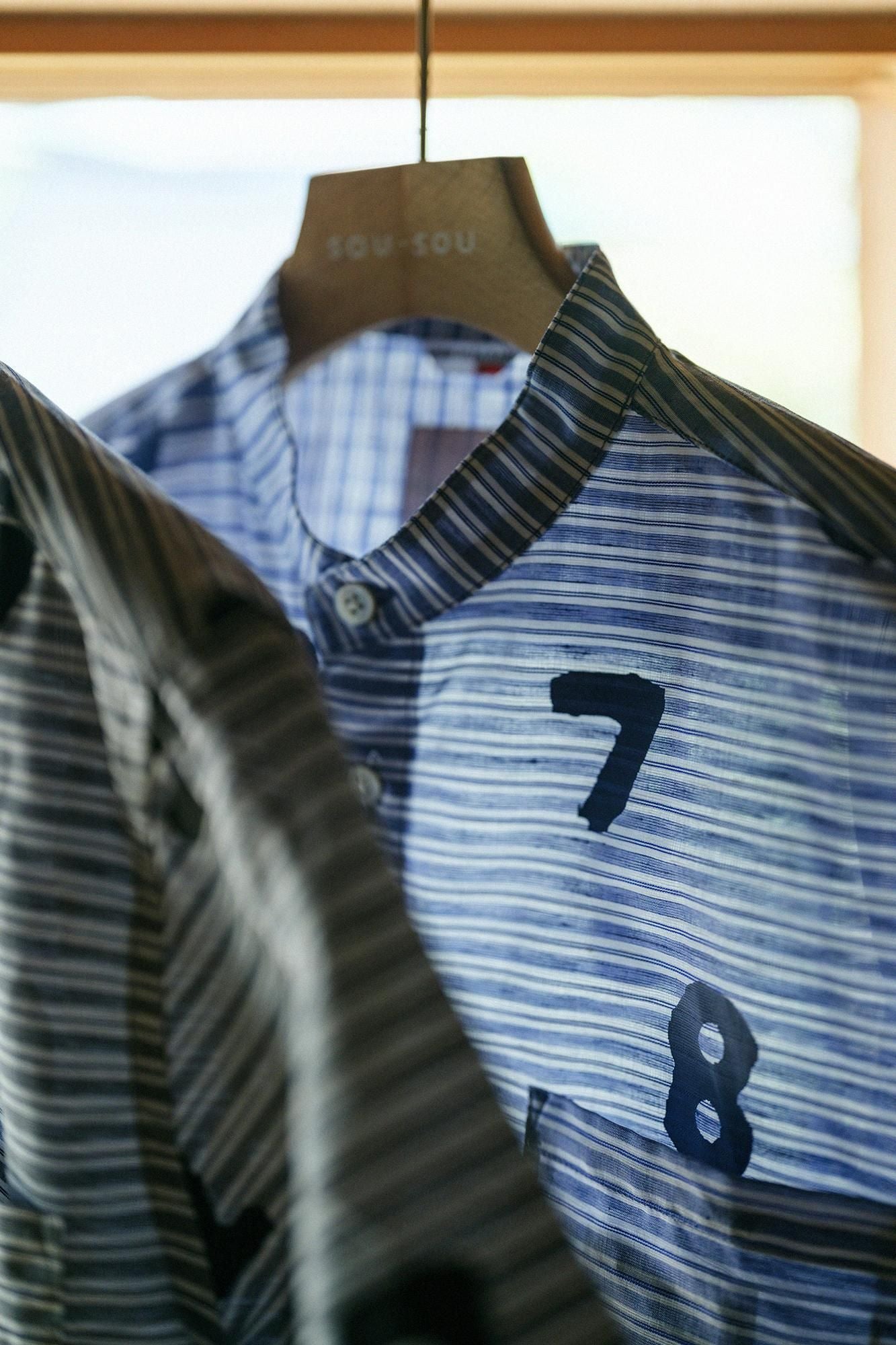 棉麻 薄紗 立領短袖襯衫/ SO-SU-U十數 寶藍色 粗細條紋