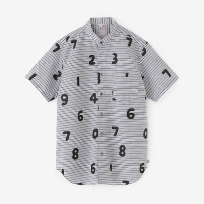 棉麻 薄紗 立領短袖襯衫 / SO-SU-U十數 深灰色 粗細條紋