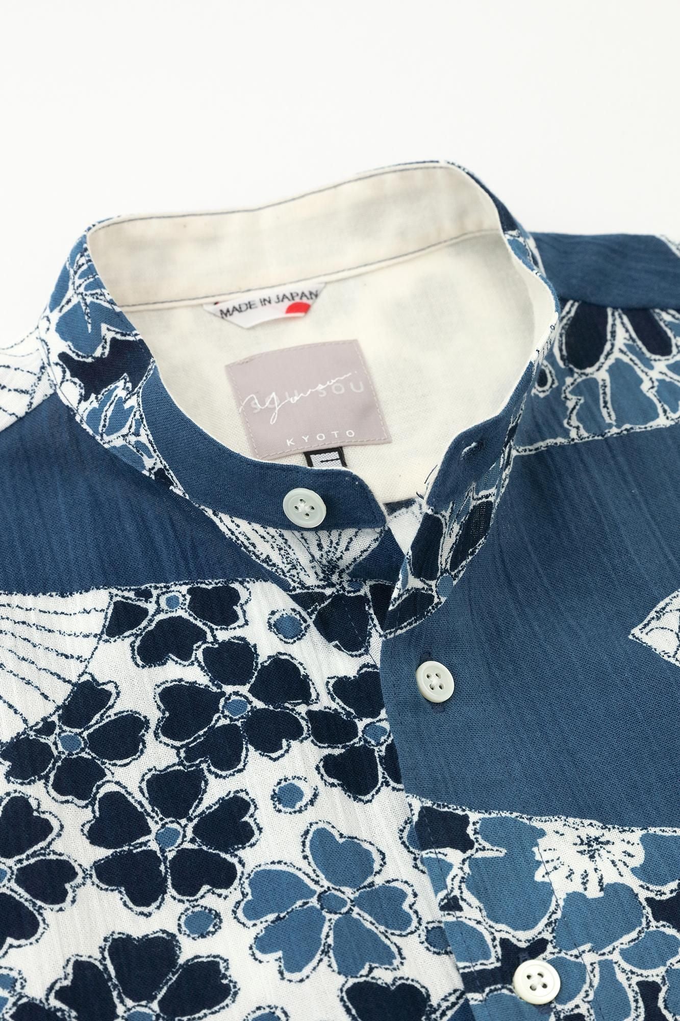 高島縮棉 20/20 藍捺染 立領短袖襯衫 SP /扇子