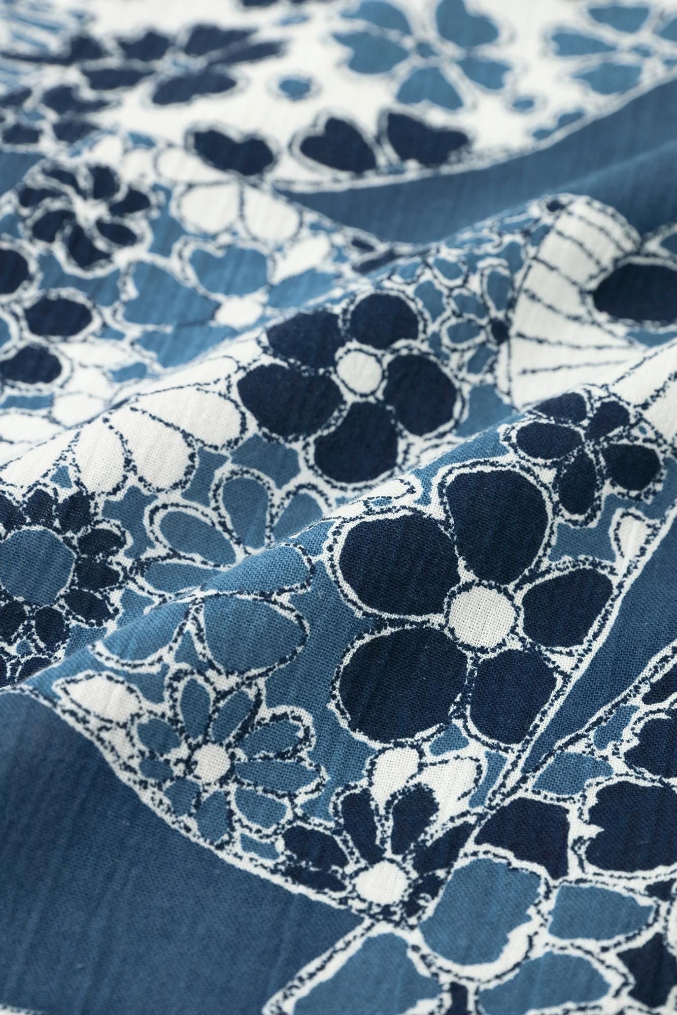 高島縮棉 20/20 藍捺染 立領短袖襯衫 SP /扇子