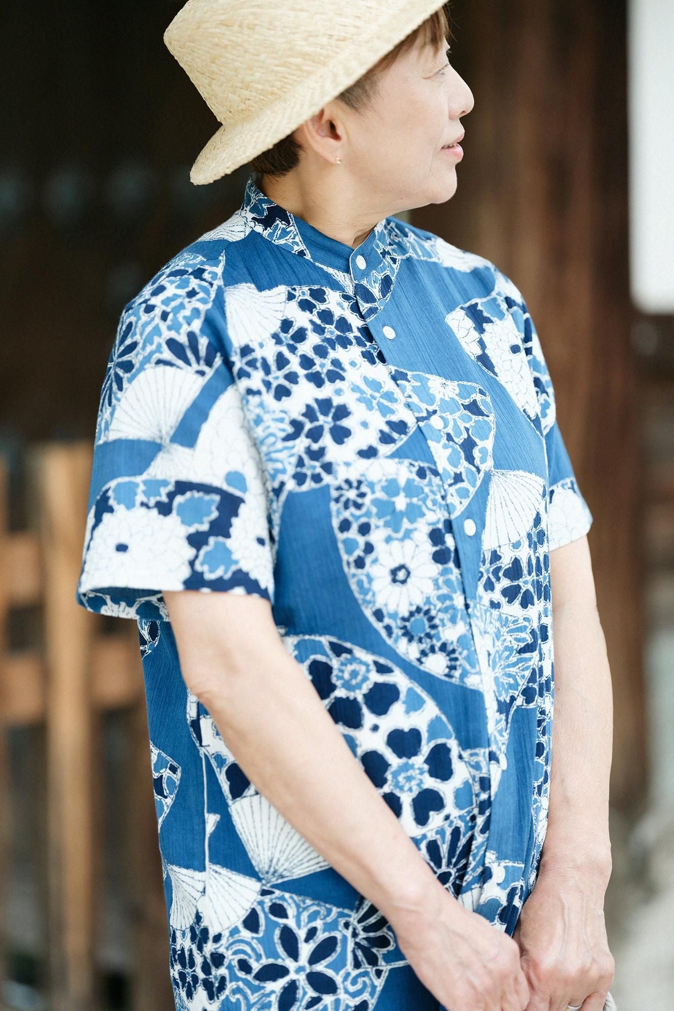 net限定】高島縮 20/20 藍捺染（あいなせん） スタンドカラー