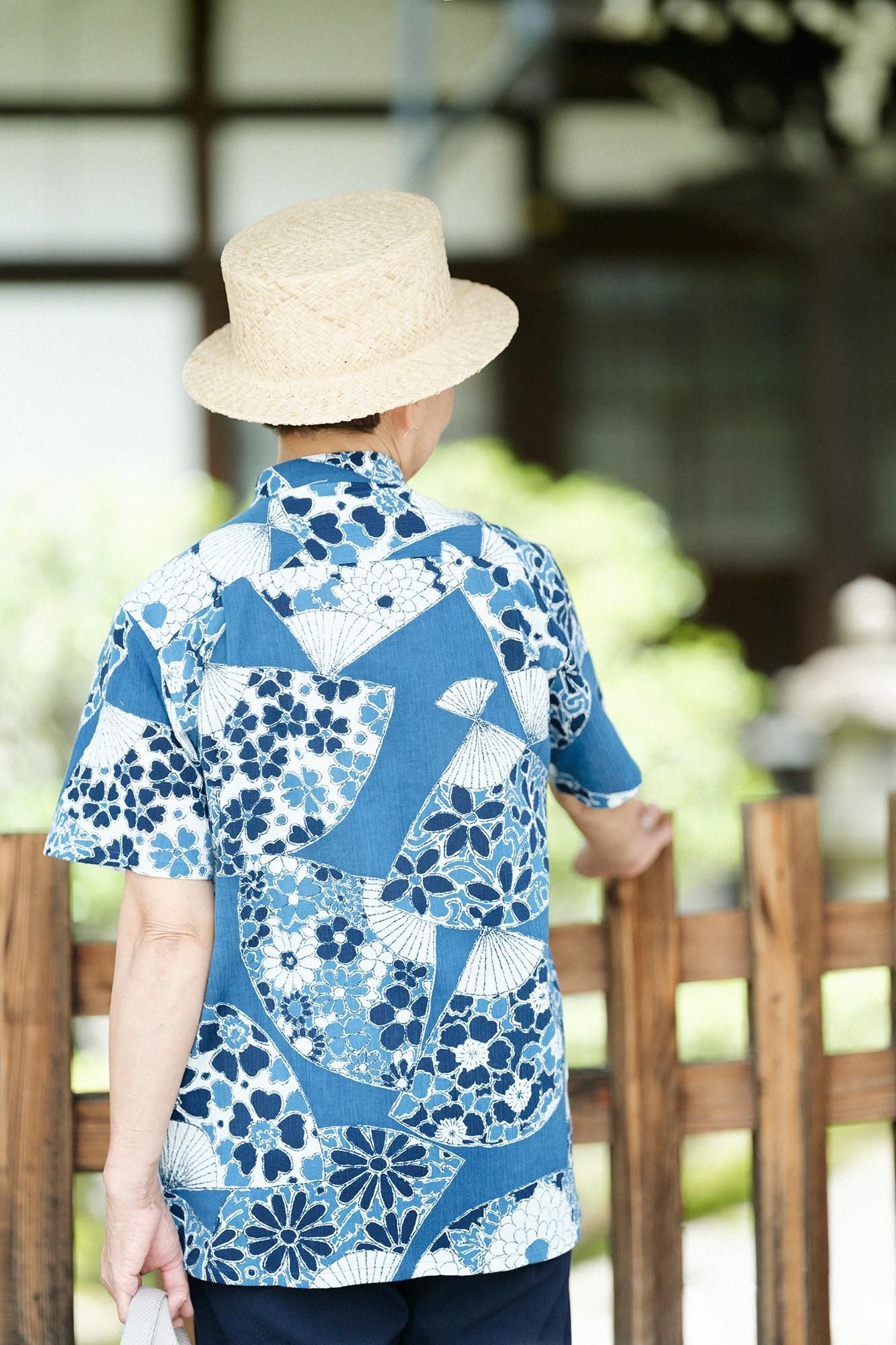 高島縮棉 20/20 藍捺染 立領短袖襯衫 SP /扇子