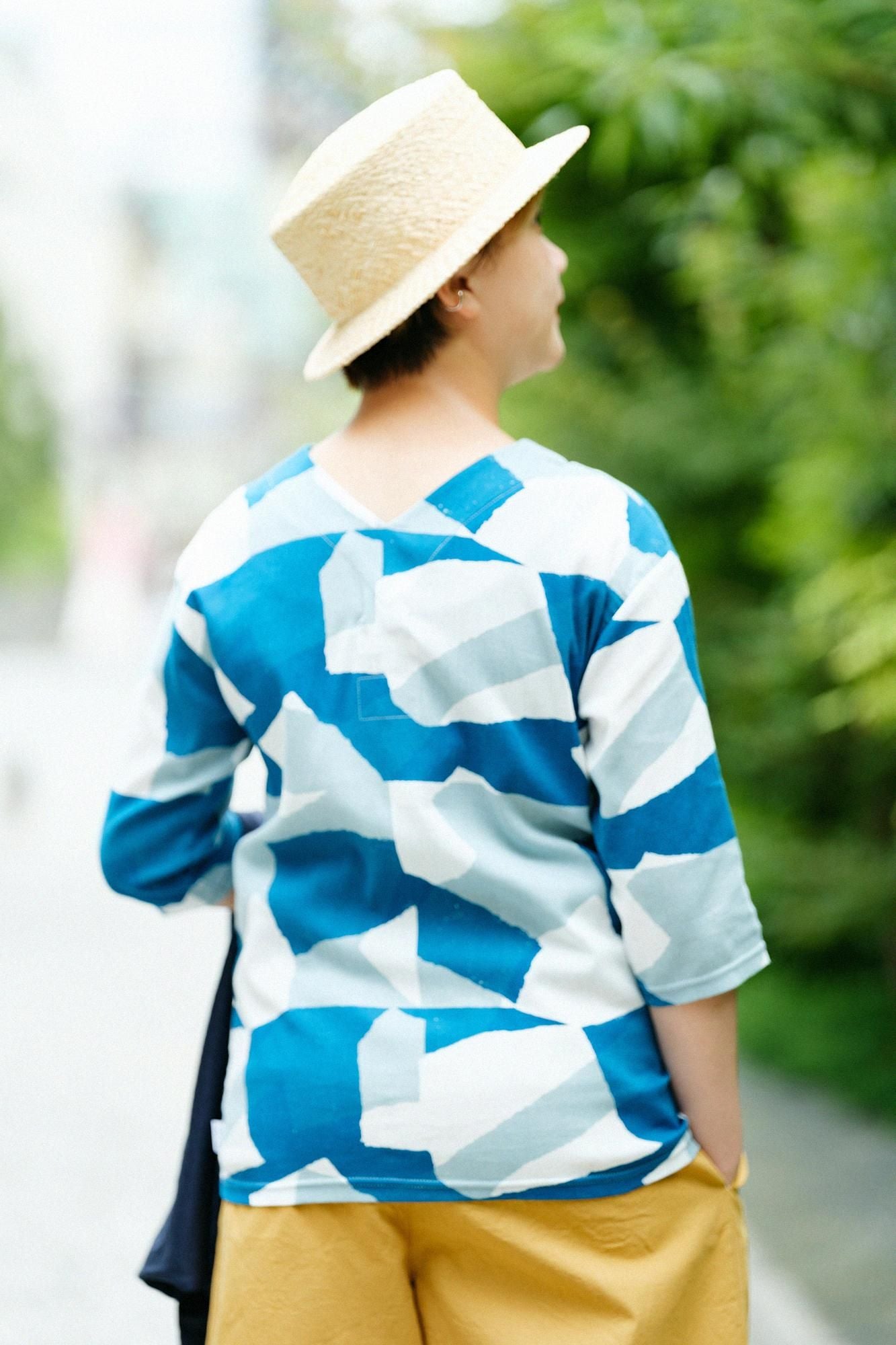 高島縮棉 40/40 V領上衣 六分袖／偶然