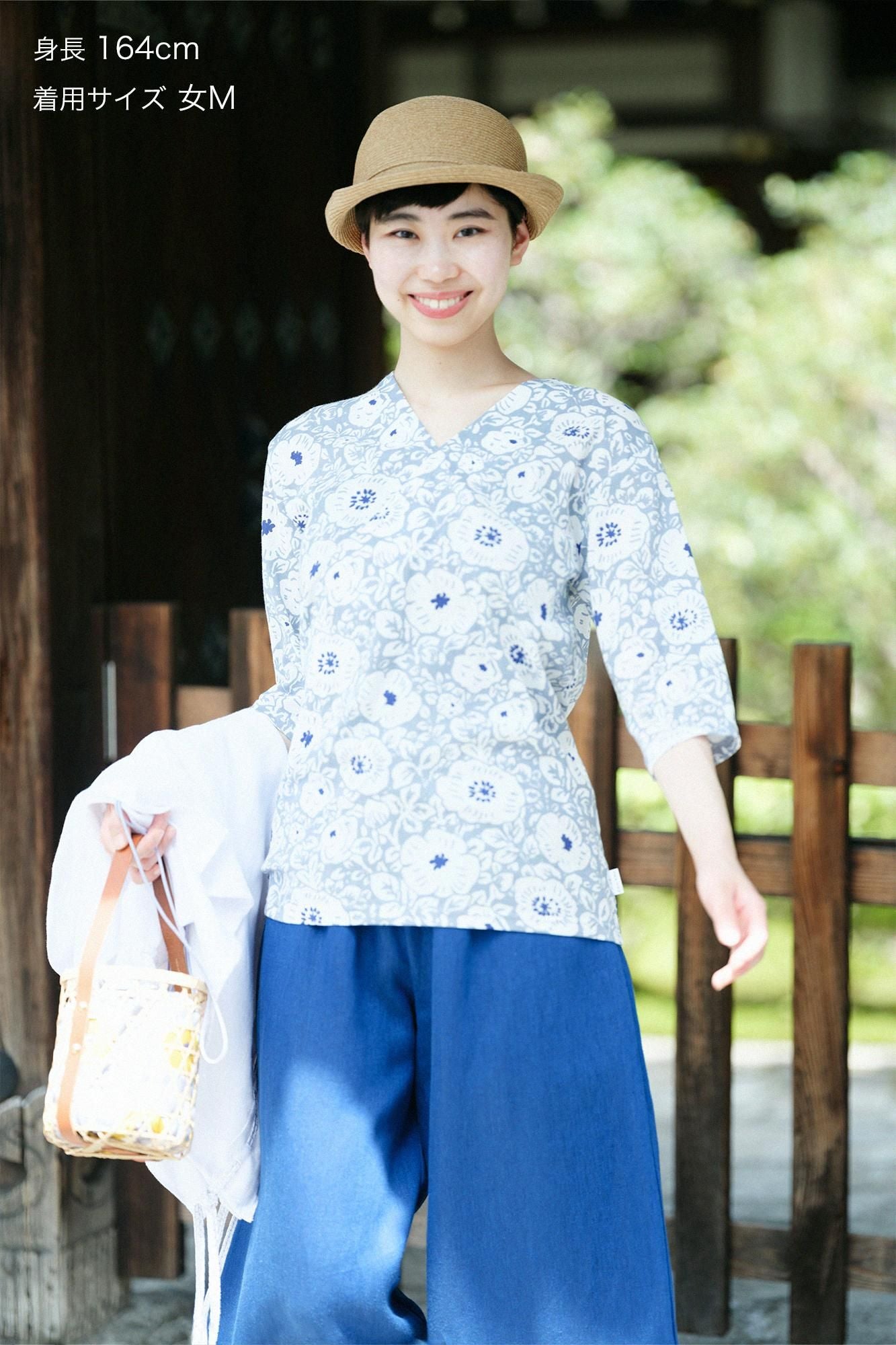 高島縮棉 40/40 V領上衣 六分袖／靜