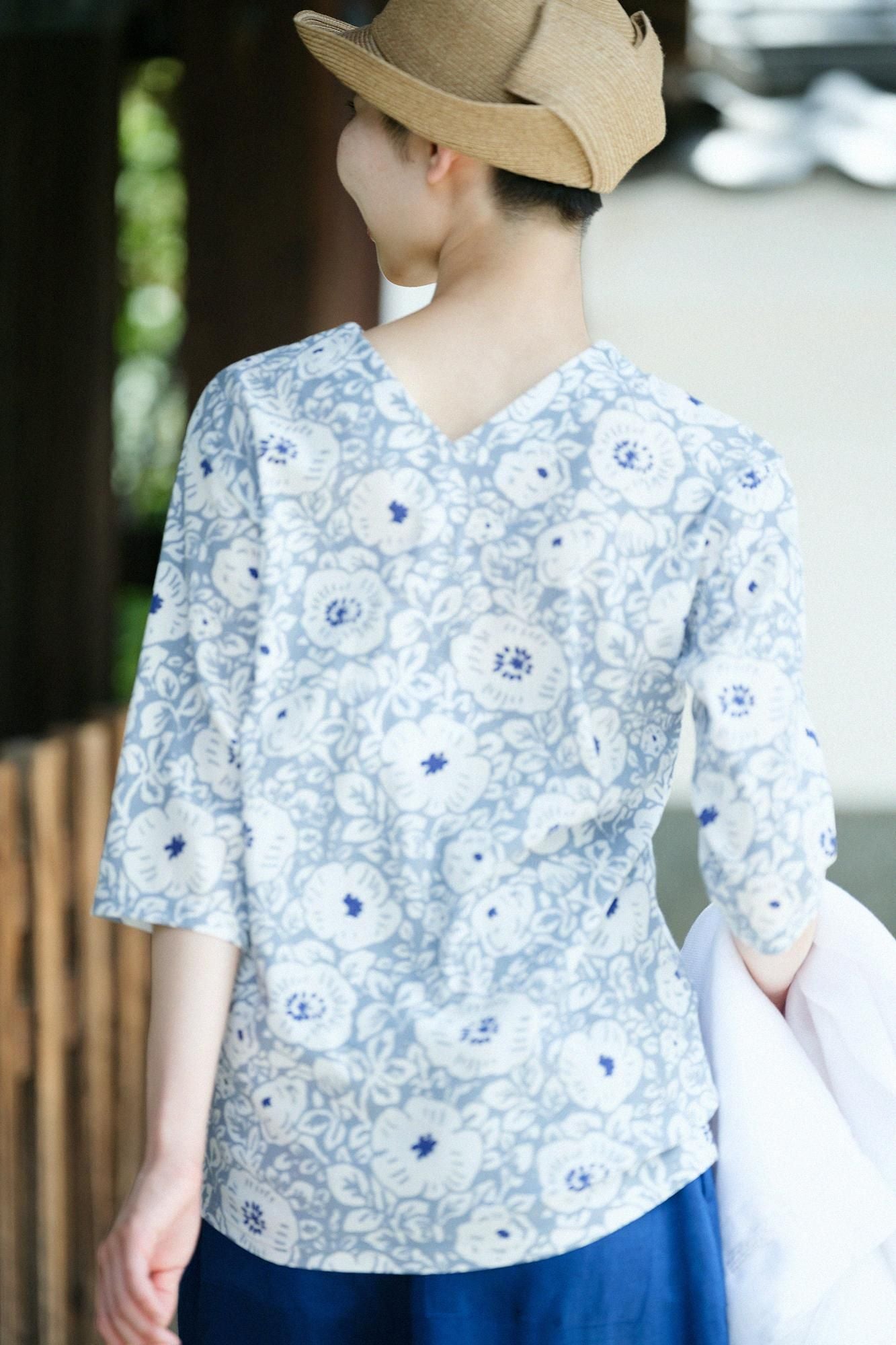 高島縮棉 40/40 V領上衣 六分袖／靜