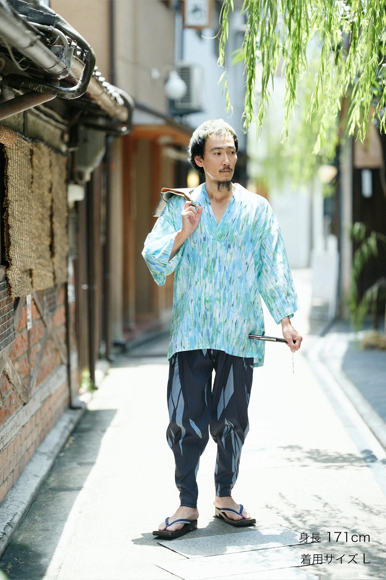 麻 人造絲 哈倫褲／薄冰破 深藍色條紋