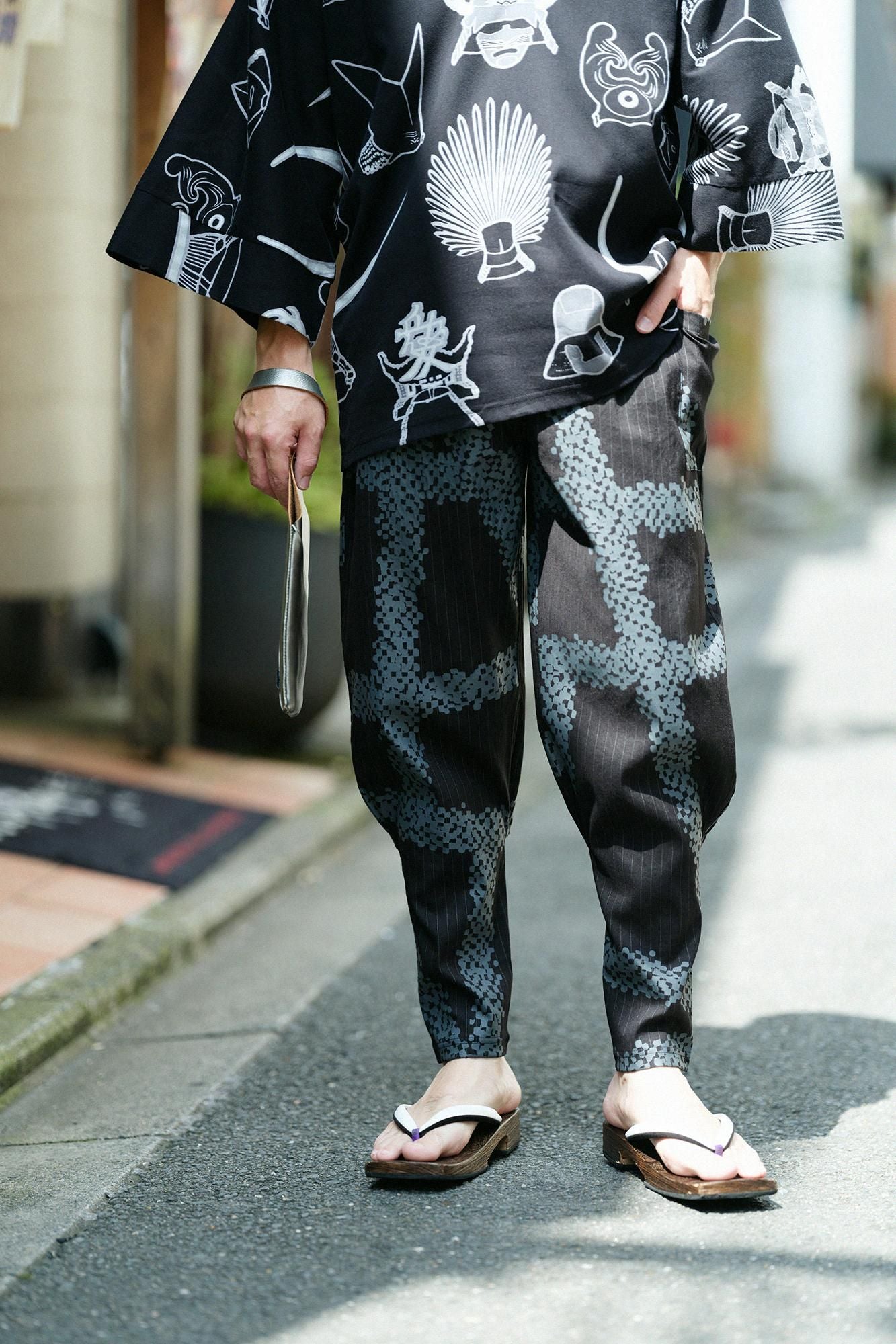 麻 人造絲 哈倫褲／五花大綁 黑色條紋