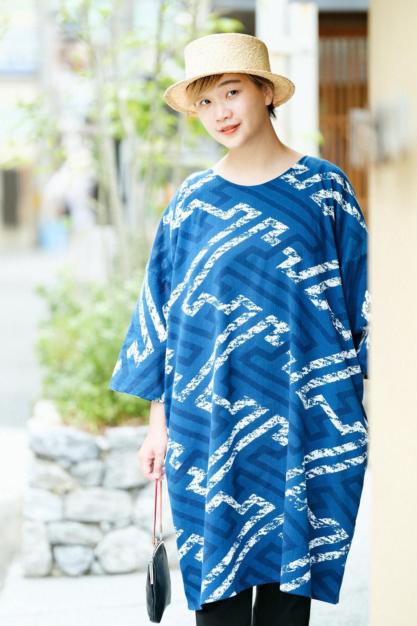 高島縮 20/20 藍捺染（あいなせん） 薙刀長方形衣（なぎなたちょうほう