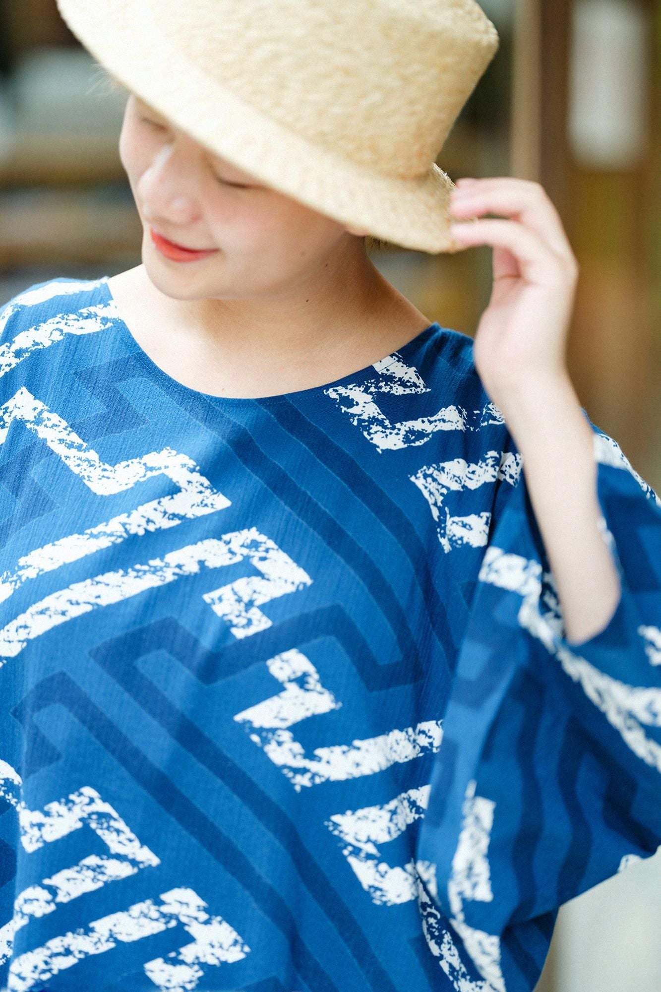 高島縮棉 20/20藍捺染圓弧袖長方形洋裝/紗綾形時代