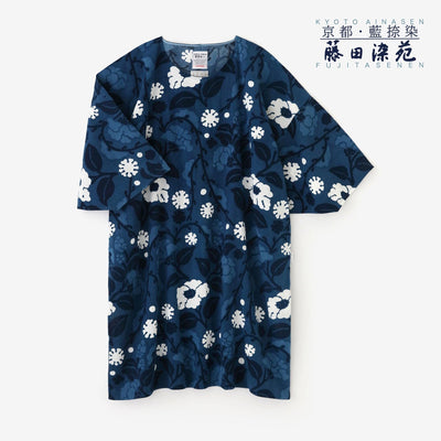 Takashima Shuku 20/20 Indigo印刷（Ainasen）Naginata矩形长袍（Naginatachoukei） / Yukimochi Willow和Camellia（Yukimochi Yanagi tubaki）