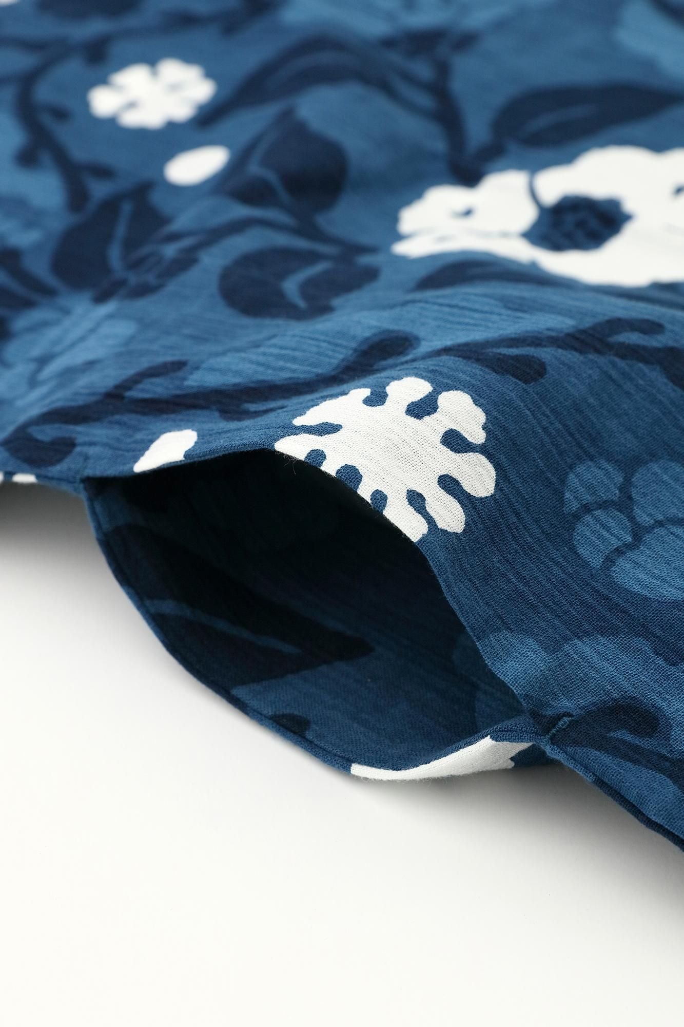 高島縮棉 20/20 藍捺染 圓弧袖長方形洋裝／雪柳與椿