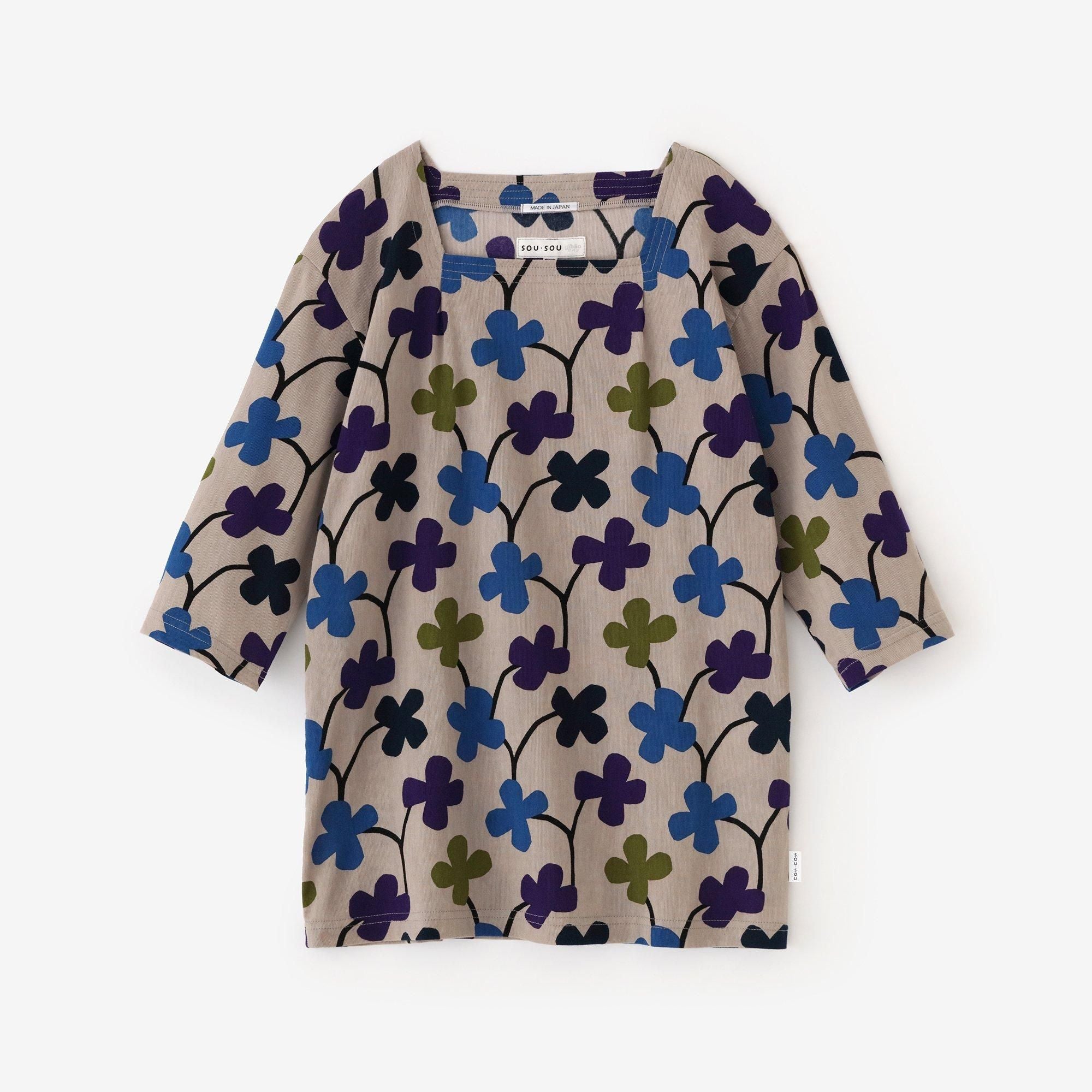 Chizimi Cotton 40/40 Square Neck Shirt Elbow Length Sleeve / Flower Play