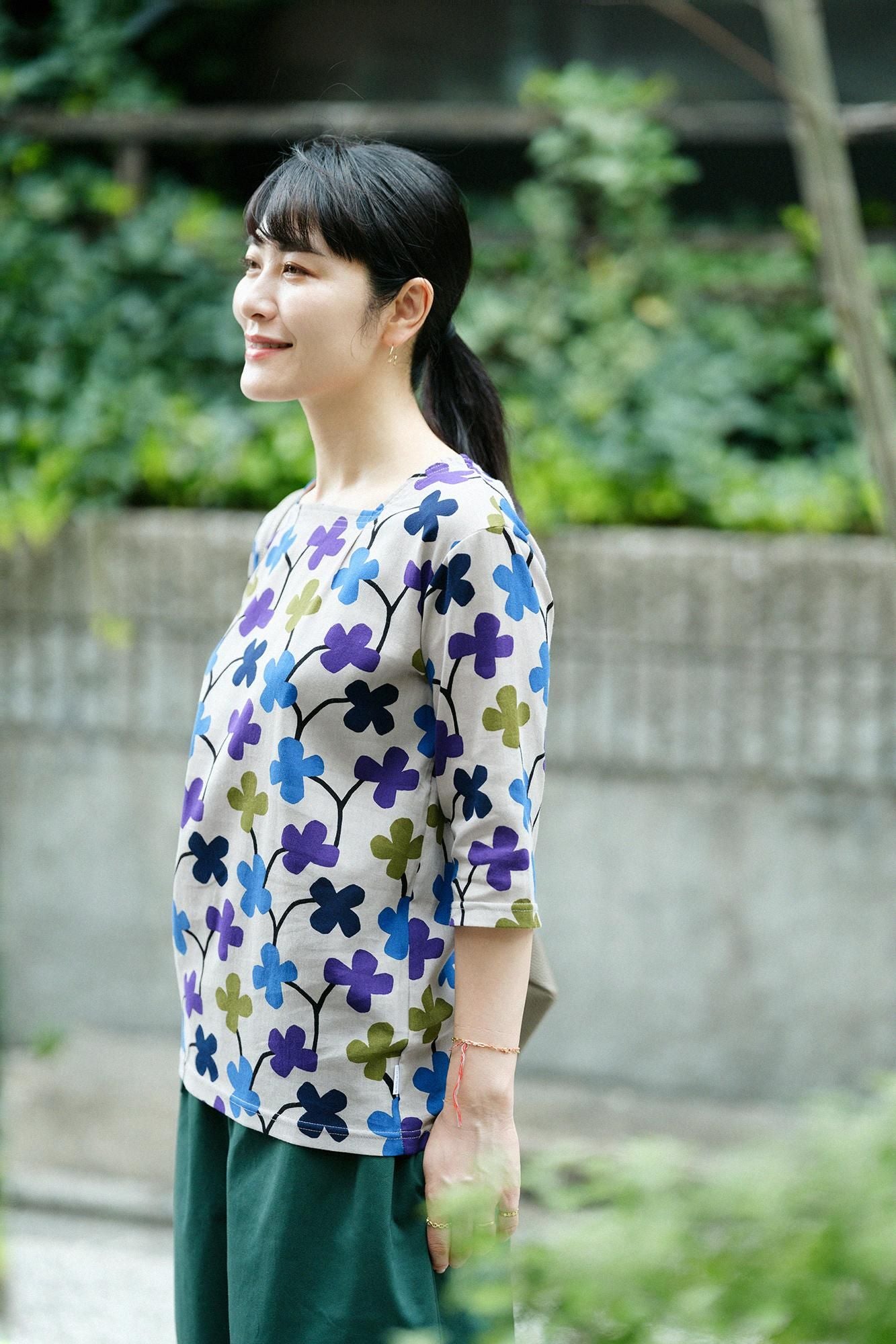 高島縮棉 40/40方領上衣六分袖/花遊戲