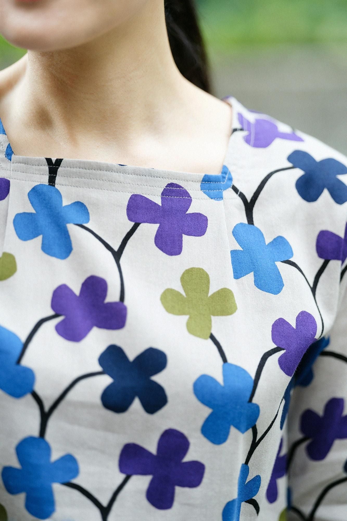 高島縮棉 40/40方領上衣六分袖/花遊戲