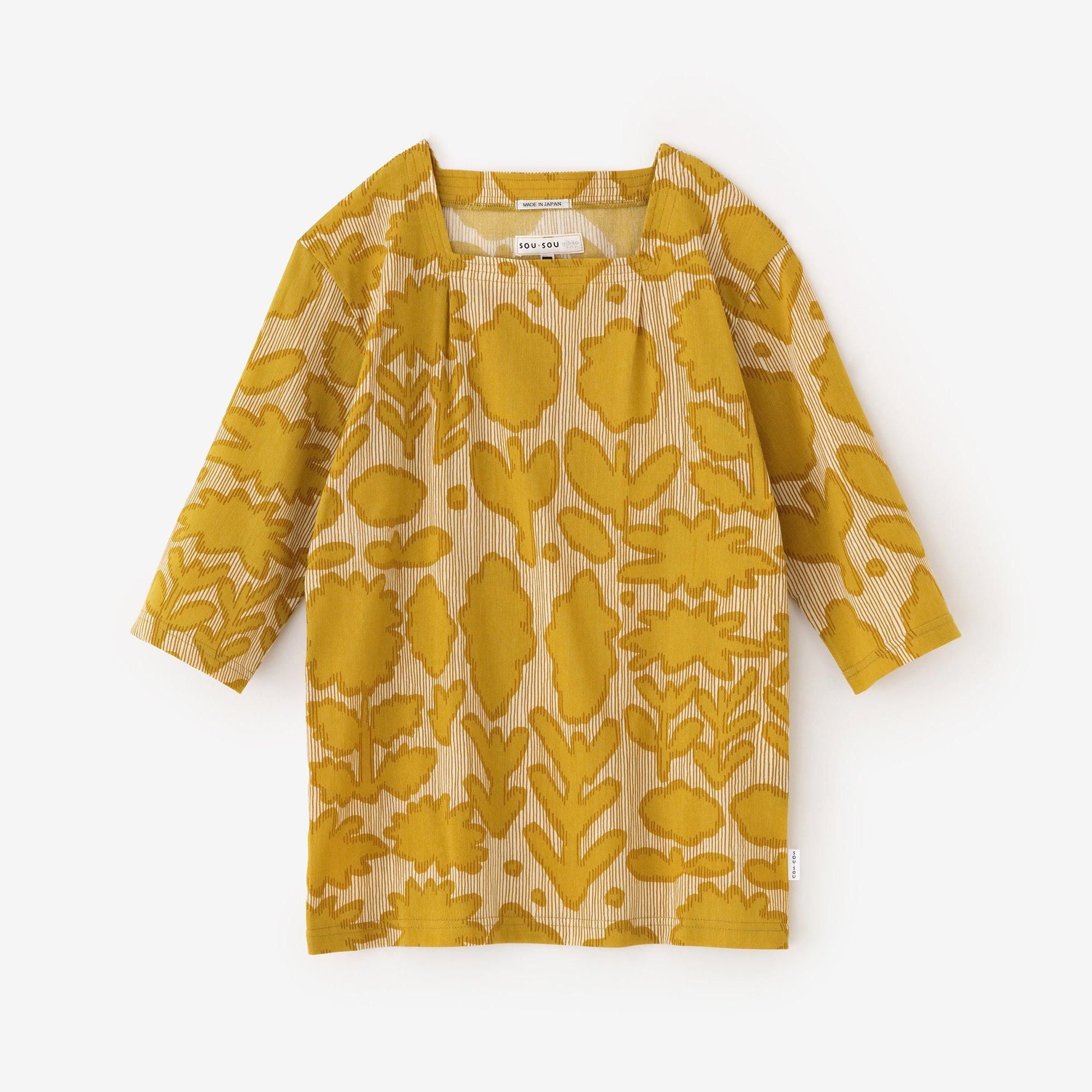 Chizimi Cotton 40/40 Square Neck Shirt Elbow Length Sleeve / Shadow of Flowers