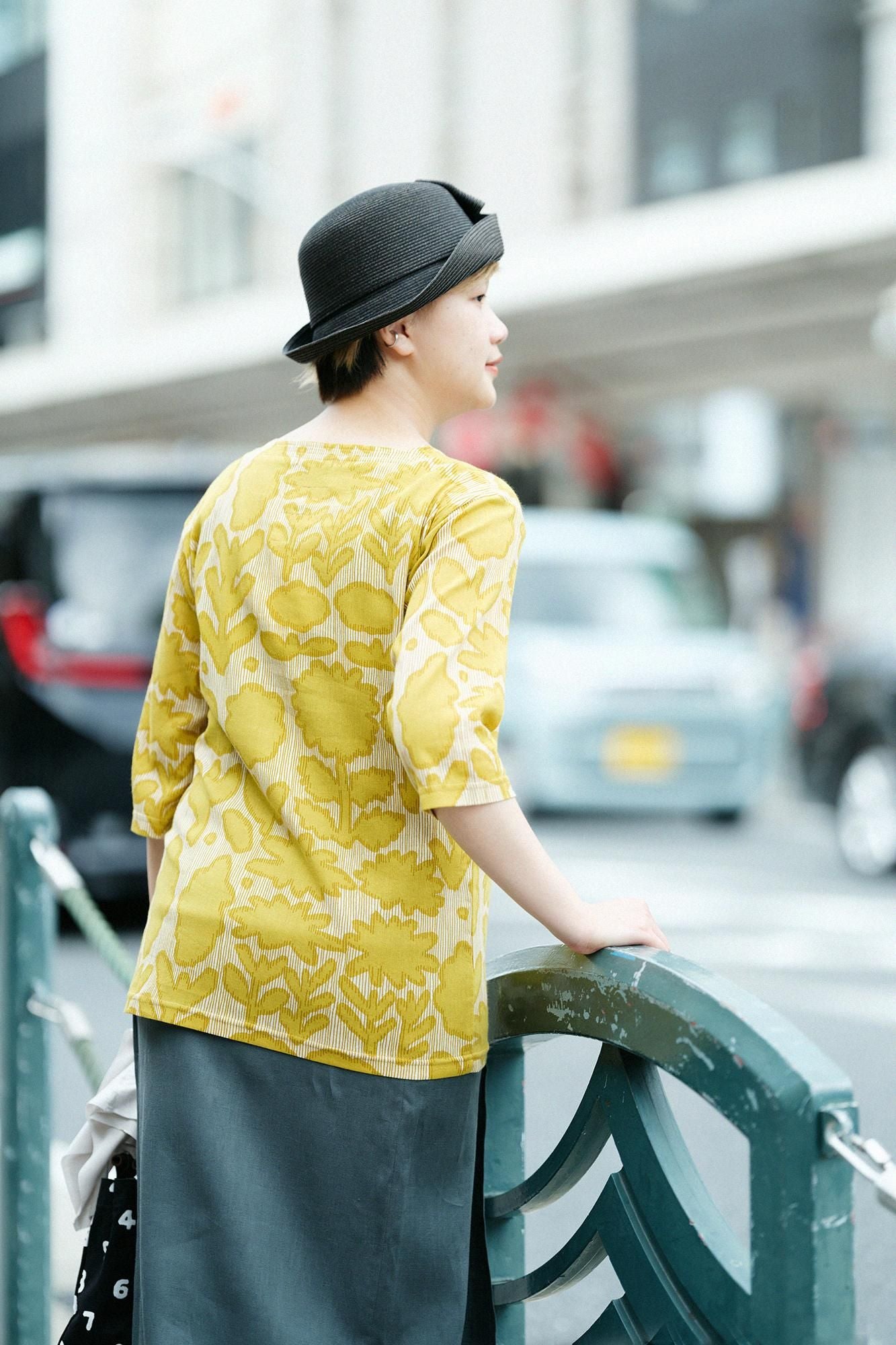 高島縮棉 40/40方領上衣六分袖/花影