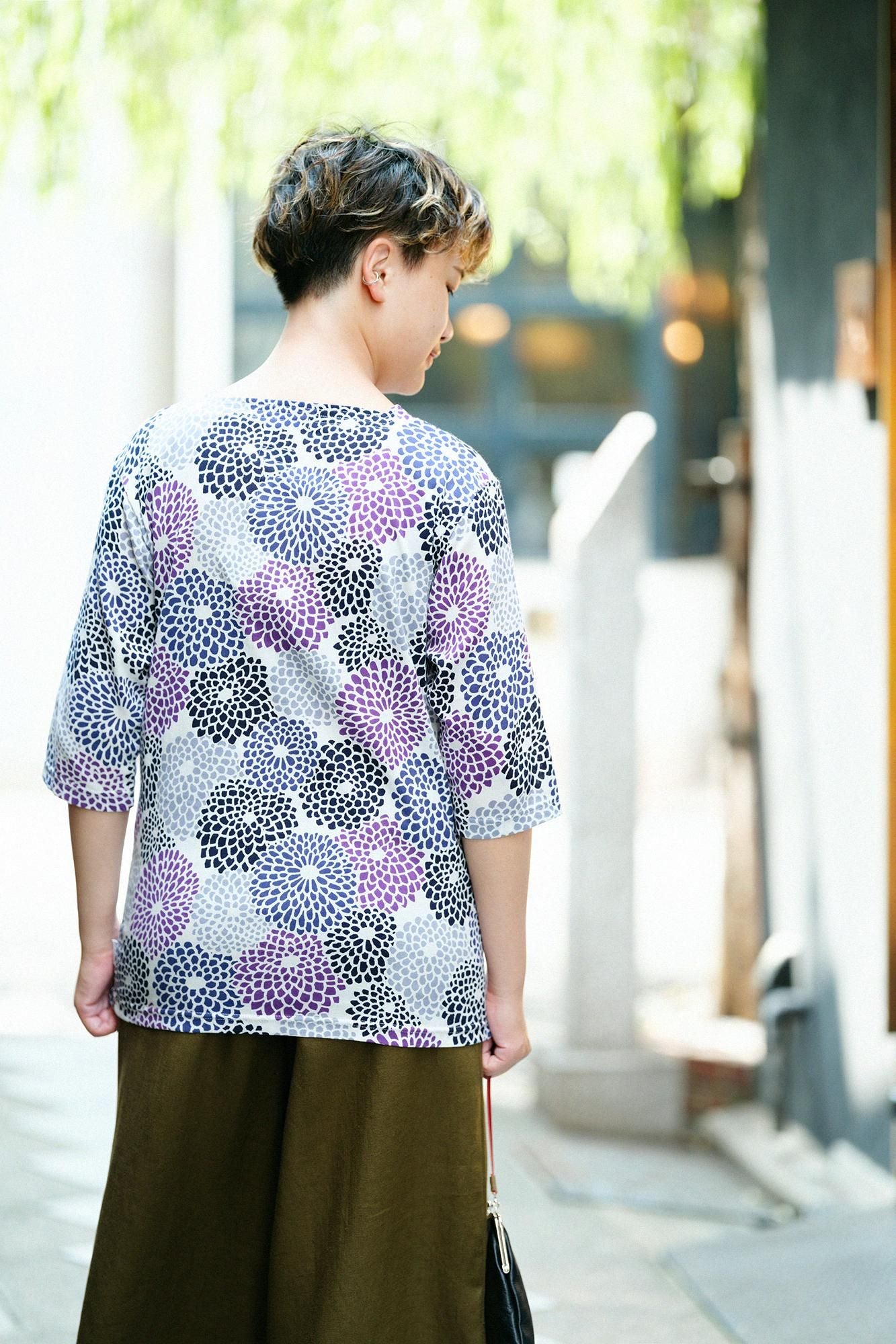 Chizimi Cotton 40/40 Square Neck Shirt Elbow Length Sleeve / Chrysanthemum