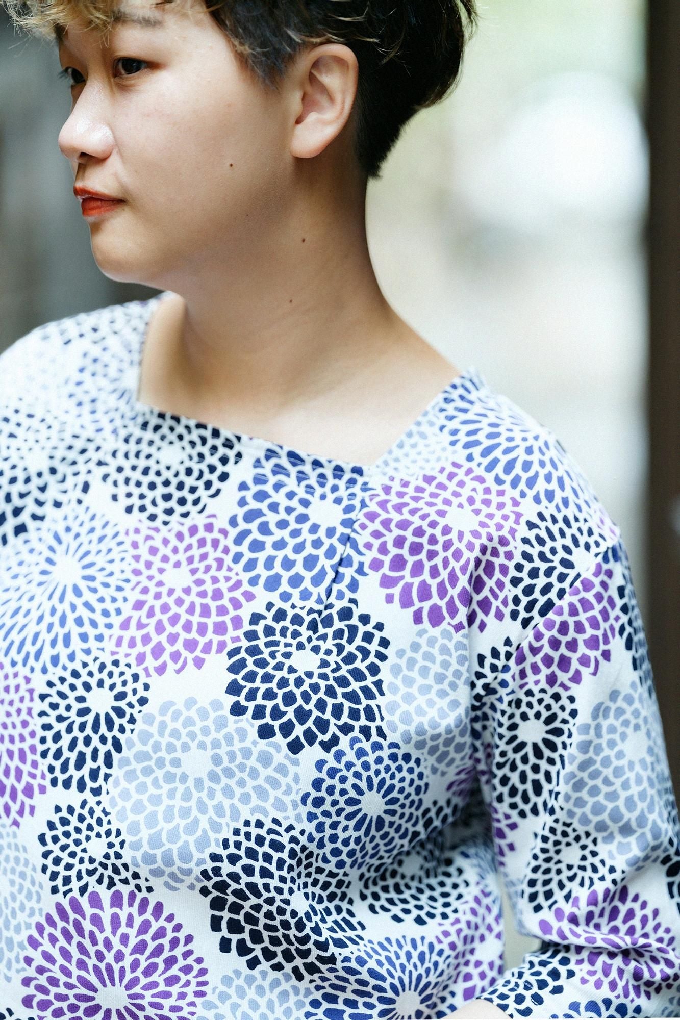 Chizimi Cotton 40/40 Square Neck Shirt Elbow Length Sleeve / Chrysanthemum