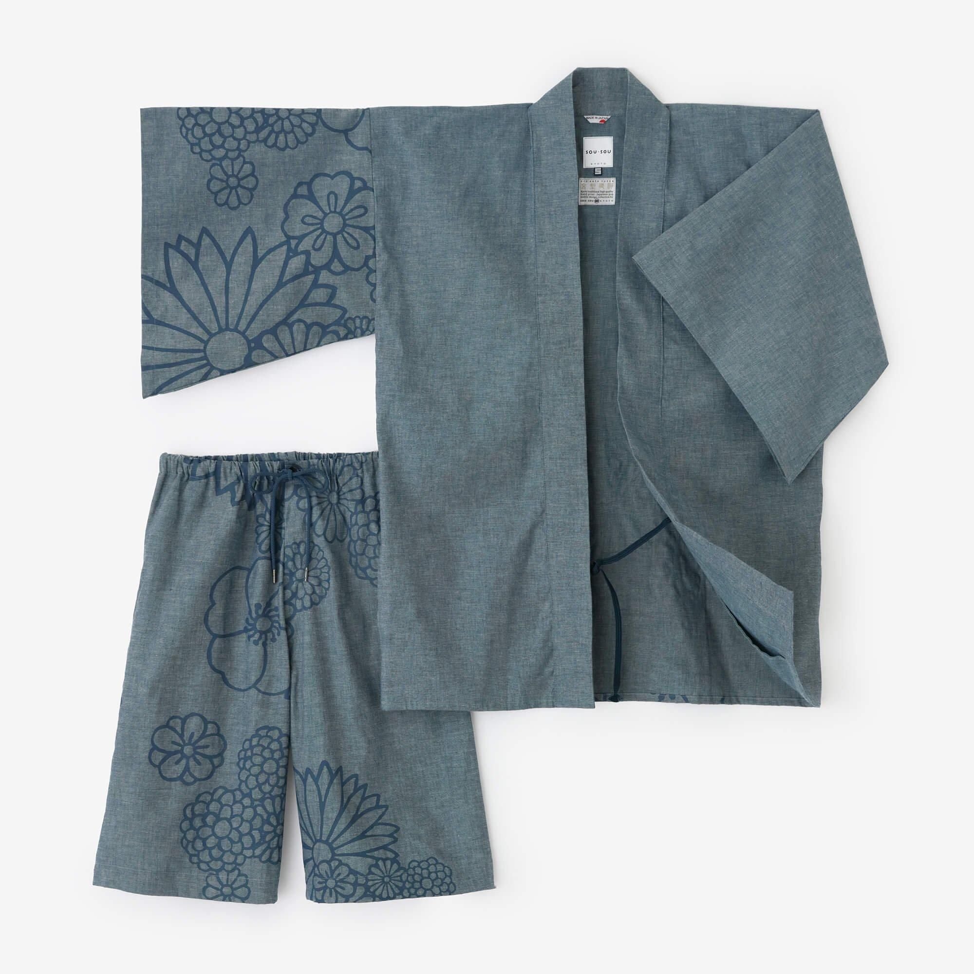 Chambray Jinbei Haori / Bluish Grey × Gold Damask