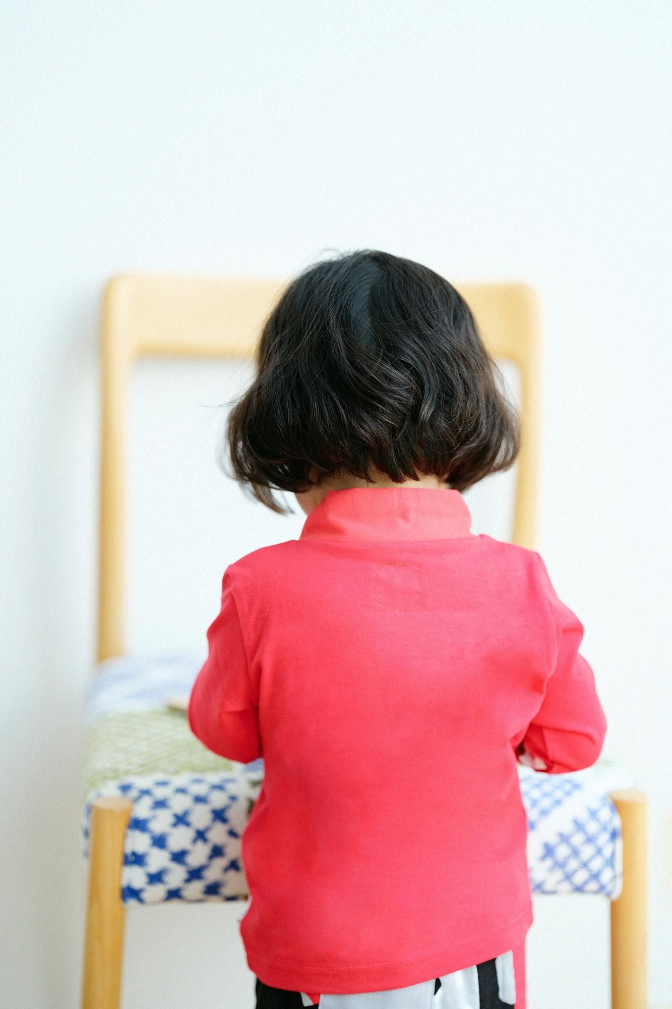 ●雙色袖 風靡上衣 / 紅色×雪柳與椿