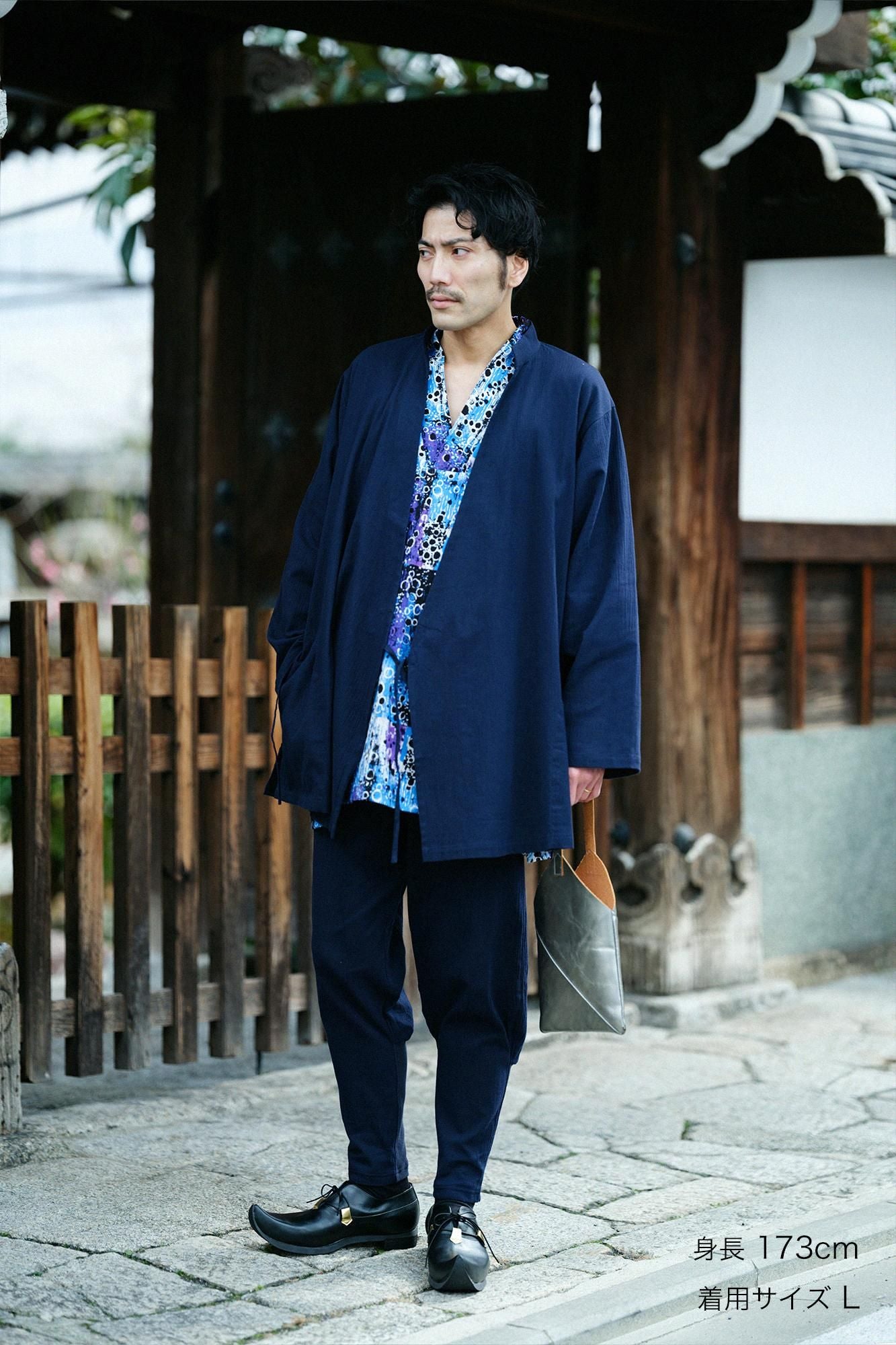 高島縮棉 20/20手柄作務衣／藍黑色