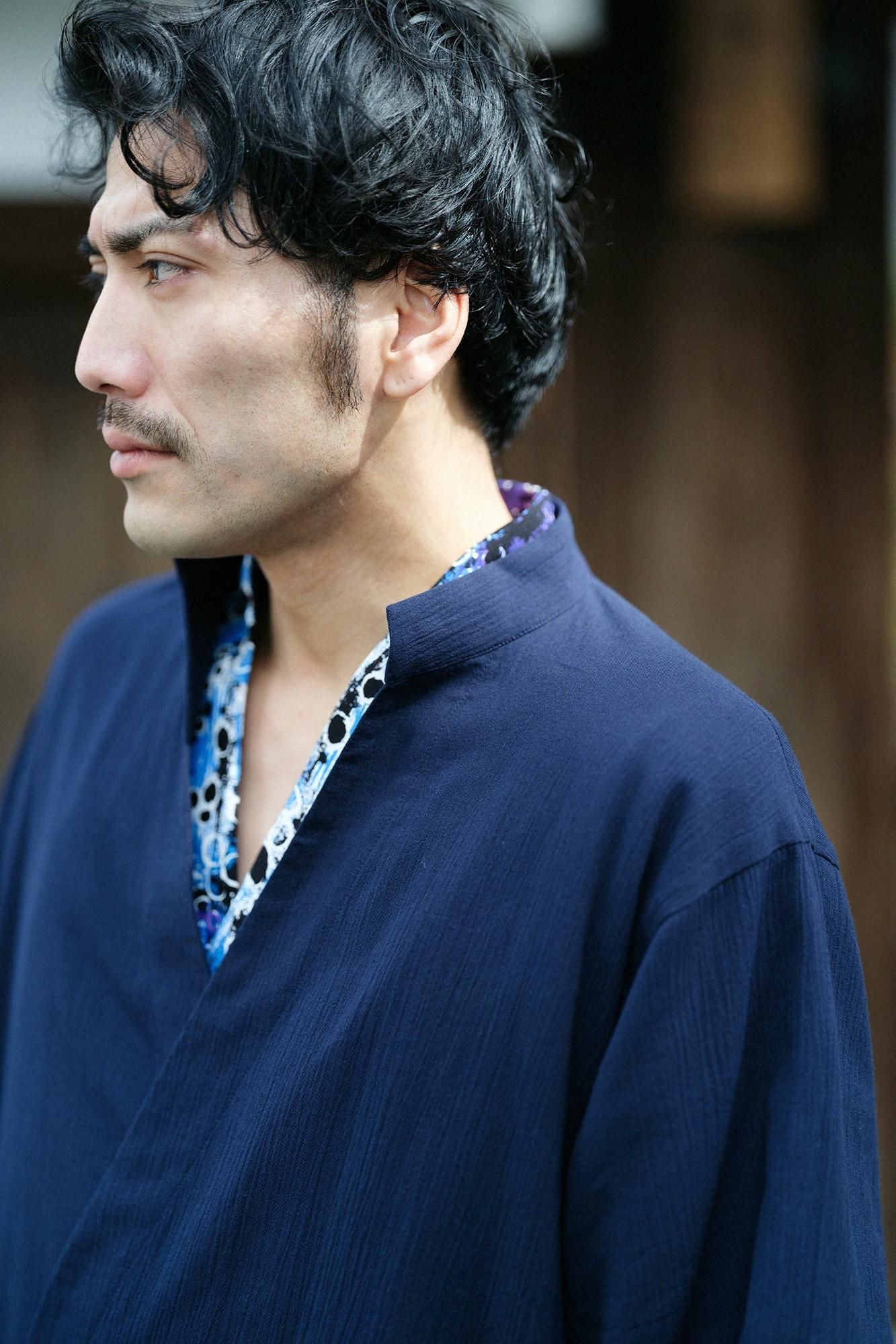 高島縮棉 20/20手柄作務衣／藍黑色