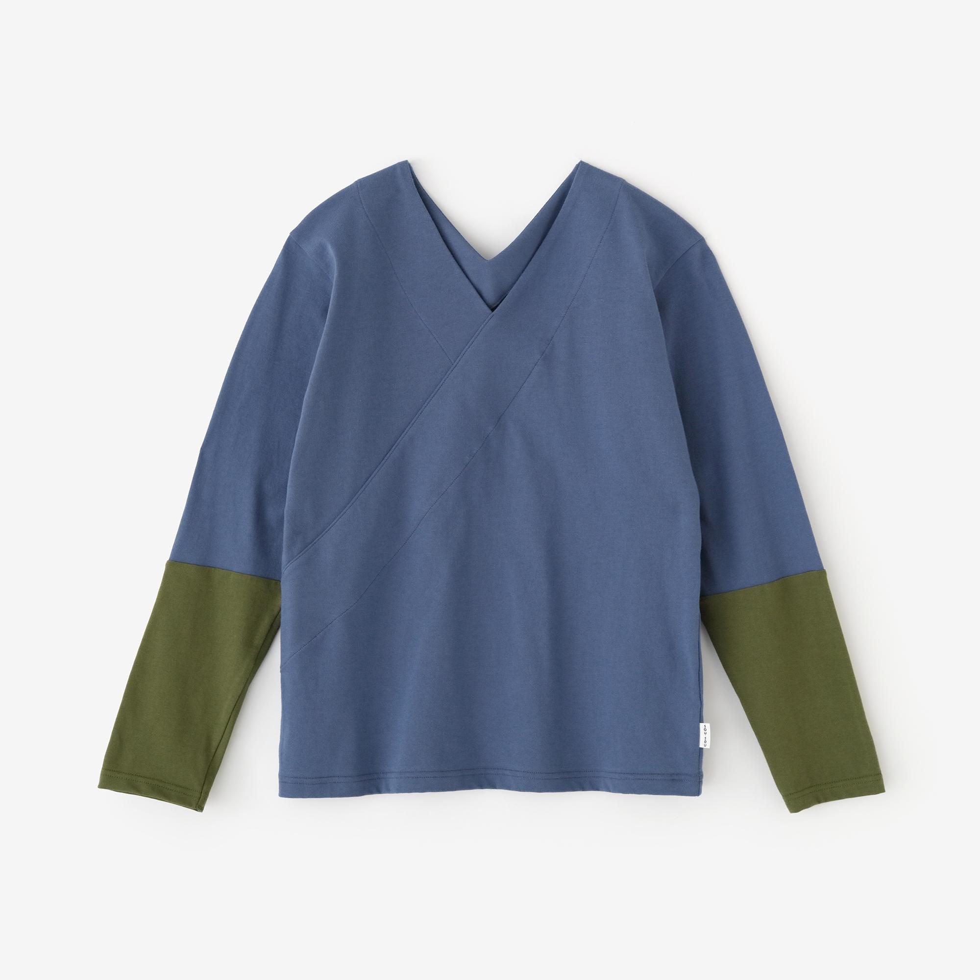 V-neck Shirt Bi-color Sleeve 30 Count Single Yarn / Light Greyish Blue × Moss Green